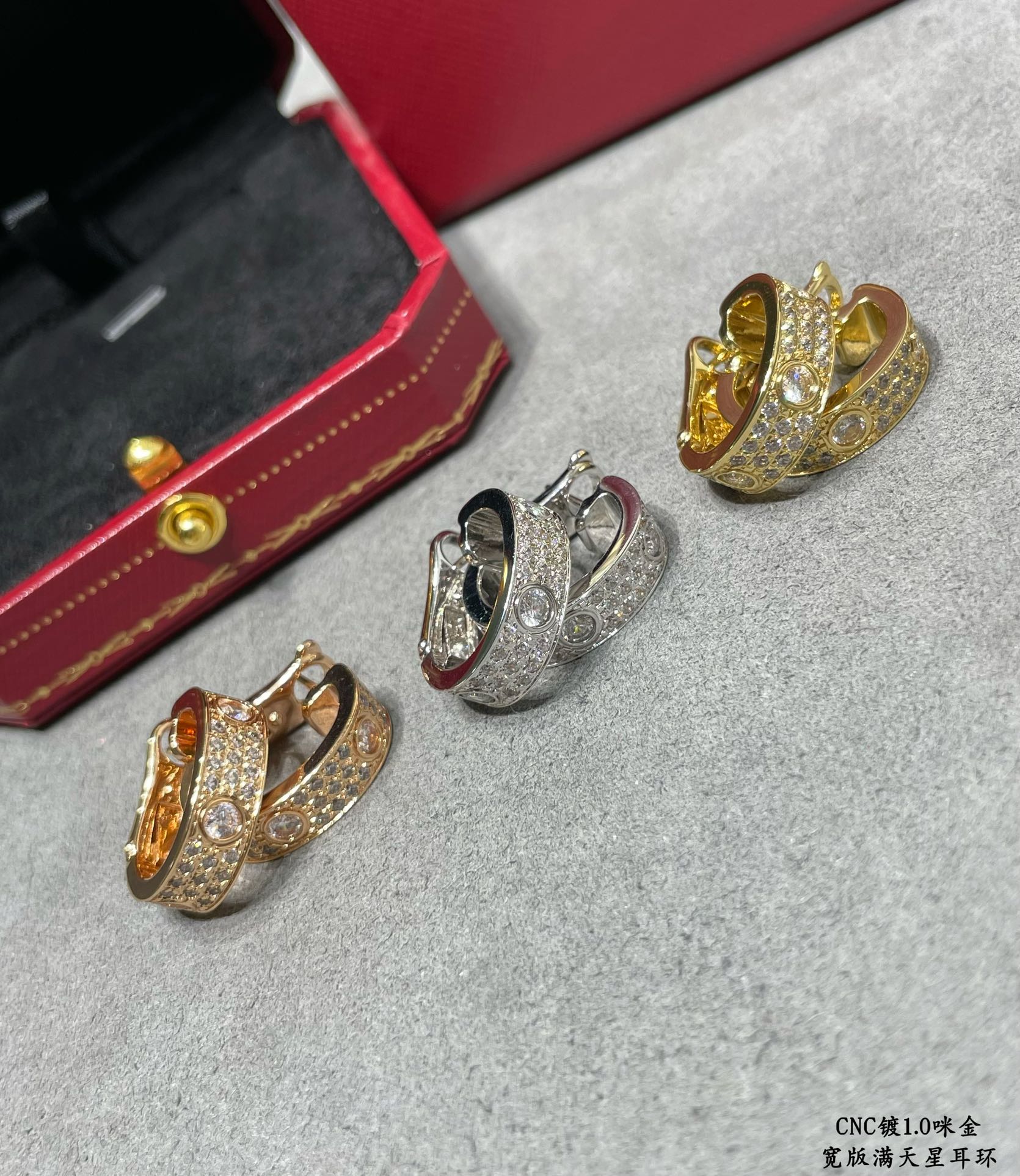 Cartier Love Wide Paved Diamond Hoop Earrings earrings 18k yellow gold with clear pave diamonds 13mm outer diameter