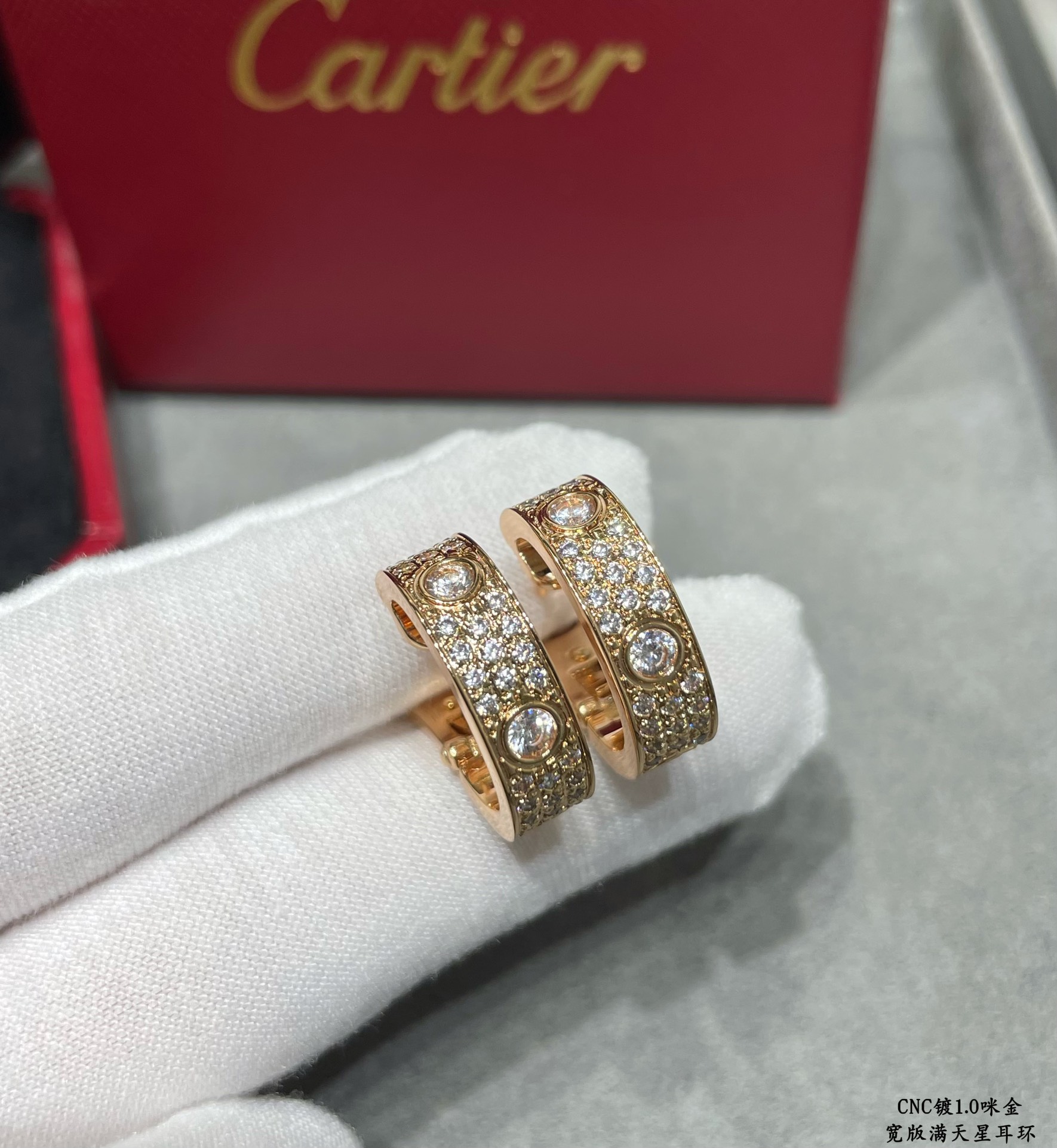Cartier Love Wide Paved Diamond Hoop Earrings earrings 18k yellow gold with clear pave diamonds 13mm outer diameter