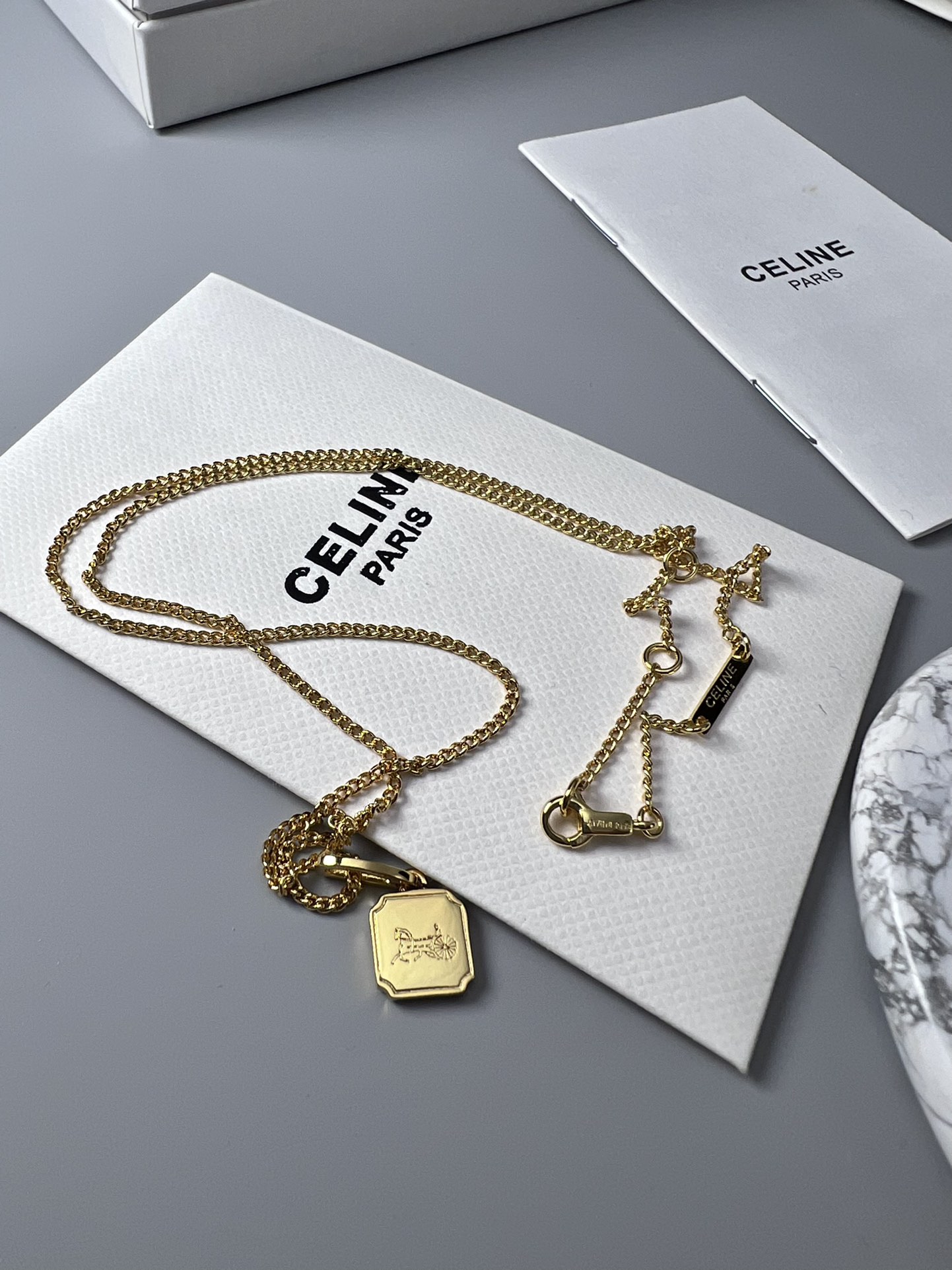 Celine Sulky Carriage Square Pendant Necklace necklace gold-tone metal no accent stones 45cm with 5cm extender