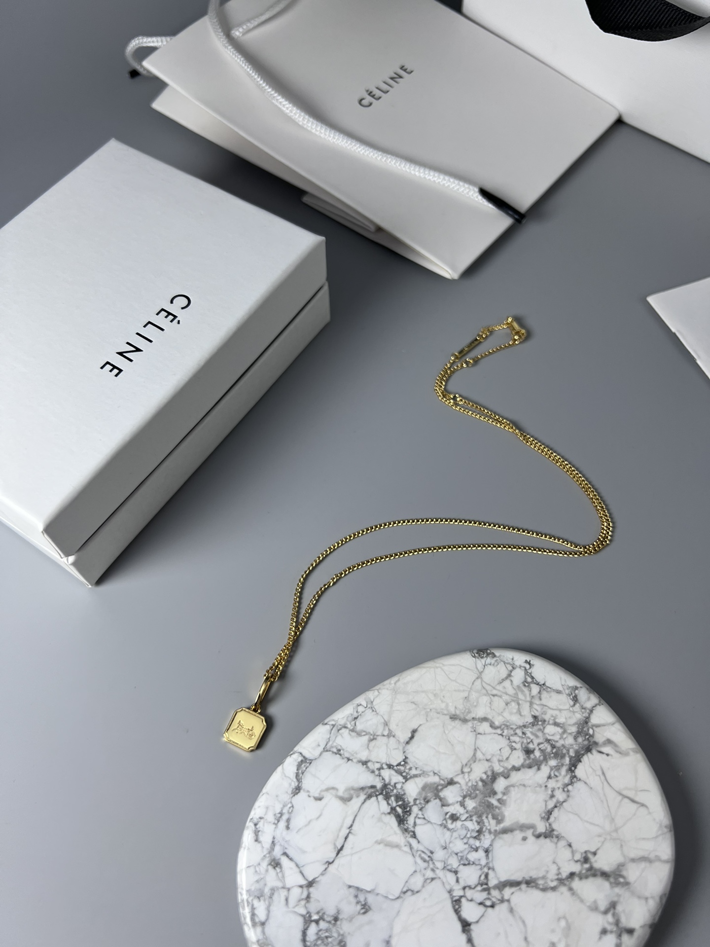 Celine Sulky Carriage Square Pendant Necklace necklace gold-tone metal no accent stones 45cm with 5cm extender