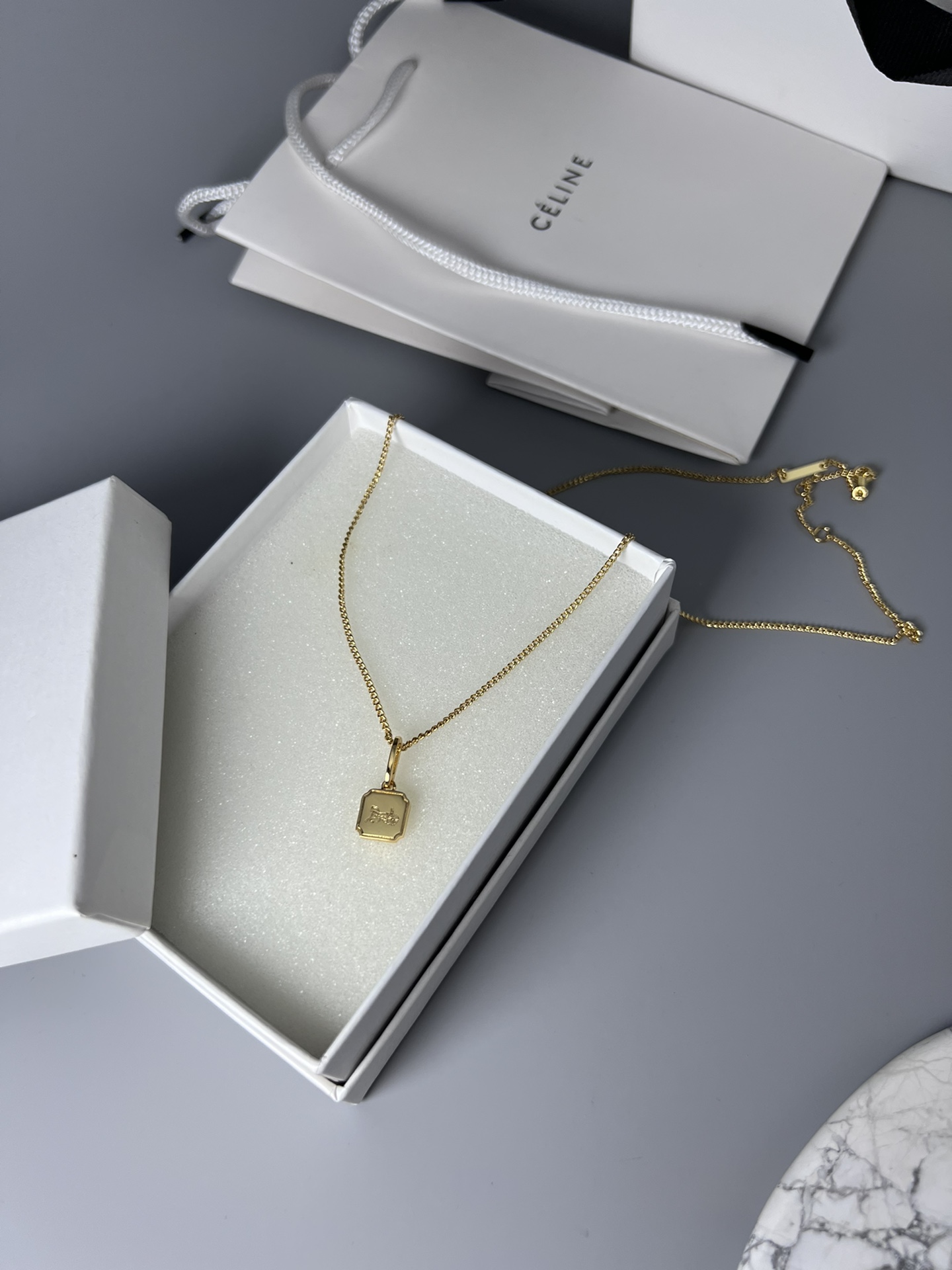 Celine Sulky Carriage Square Pendant Necklace necklace gold-tone metal no accent stones 45cm with 5cm extender