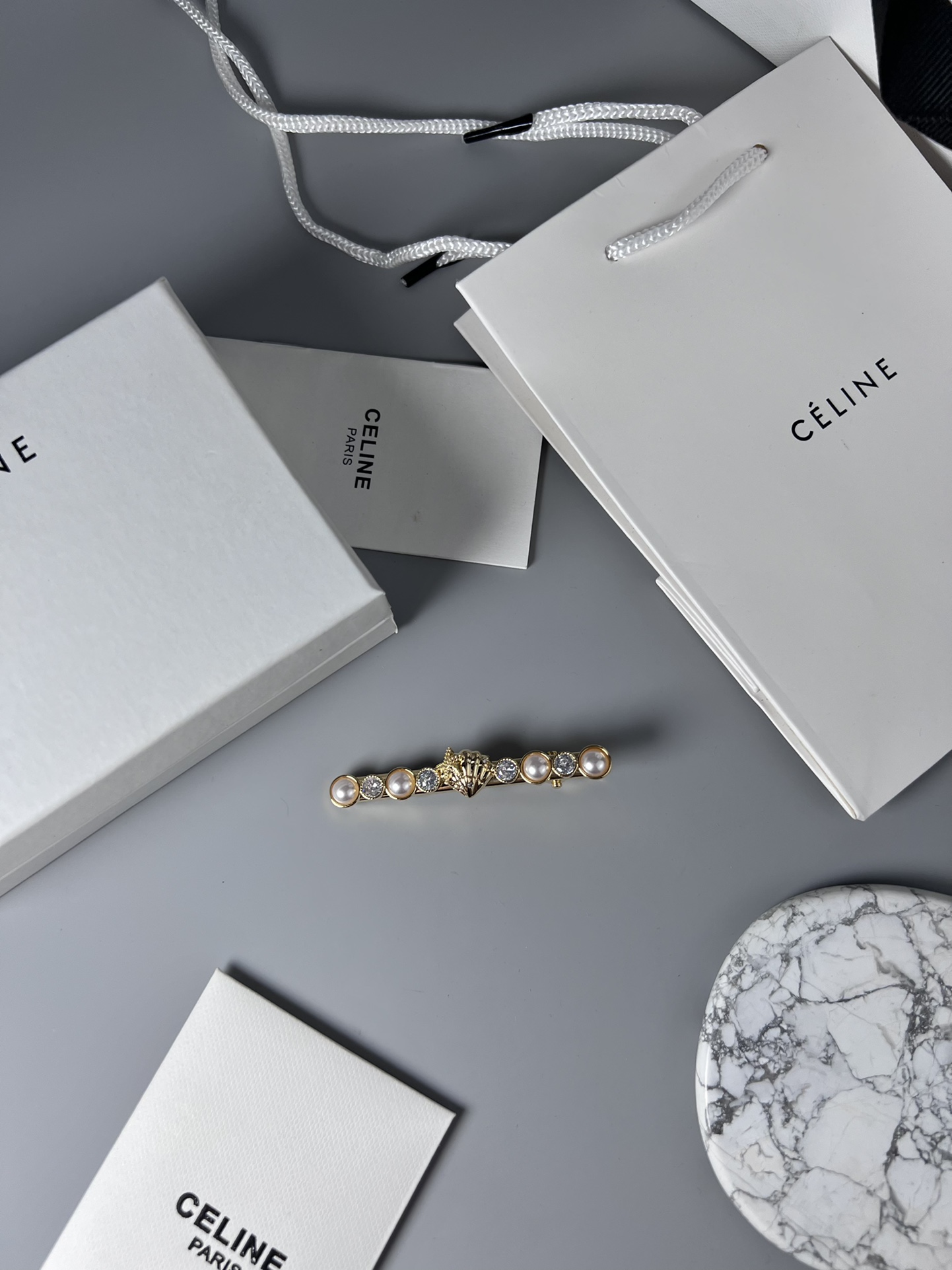 Celine YHFJ055 Seashell Pearl Crystal Hair Barrette brooch Gold-tone metal with cream white pearls and clear faceted crystals 8cm length