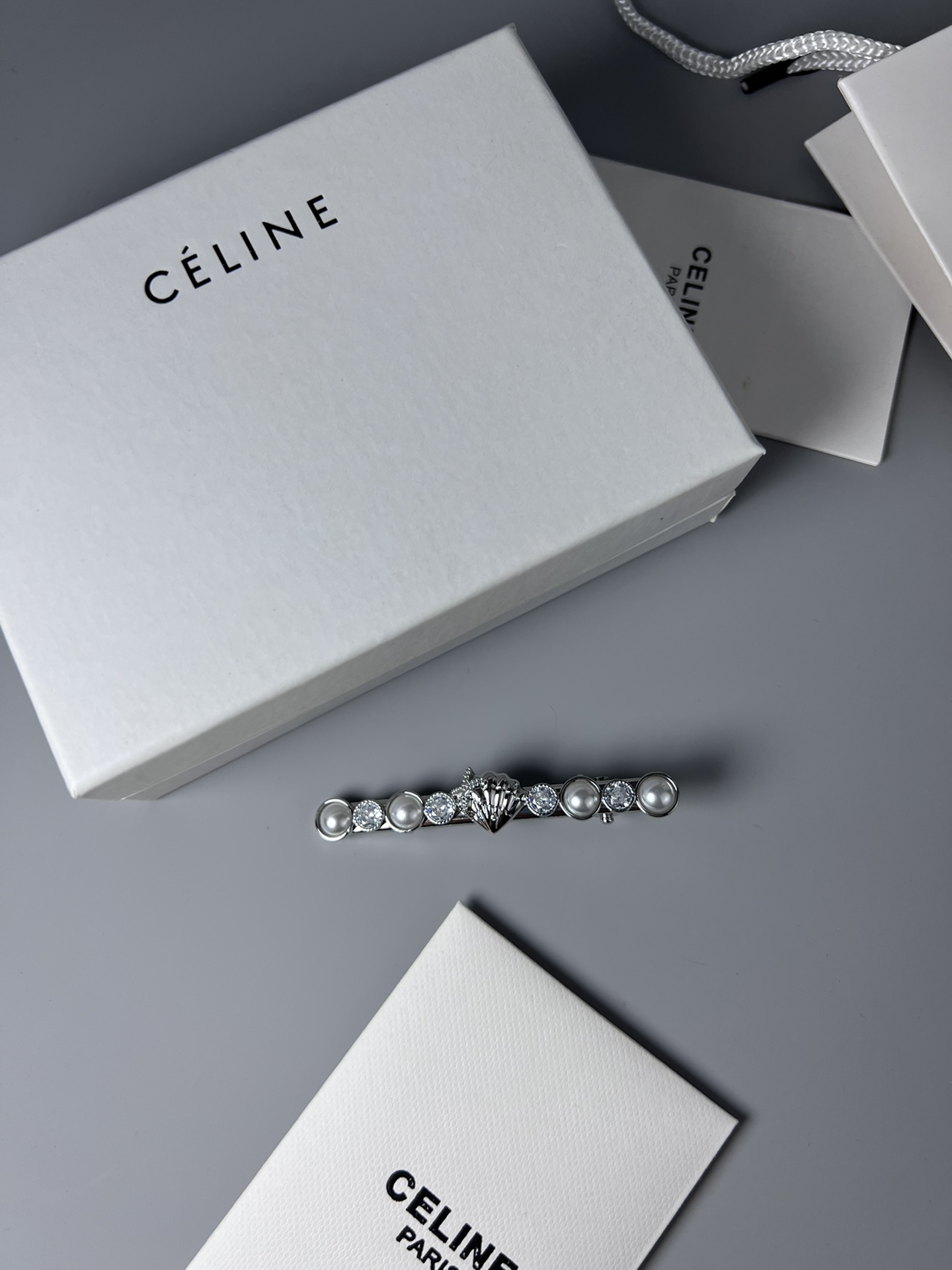 Celine YHFJ055 Seashell Pearl Crystal Hair Barrette brooch Gold-tone metal with cream white pearls and clear faceted crystals 8cm length