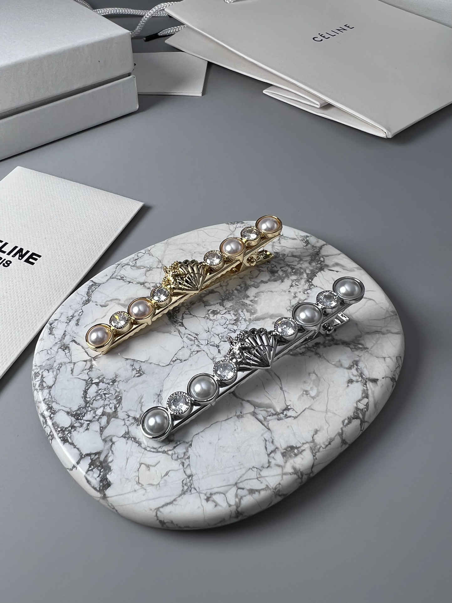 Celine YHFJ055 Seashell Pearl Crystal Hair Barrette brooch Gold-tone metal with cream white pearls and clear faceted crystals 8cm length