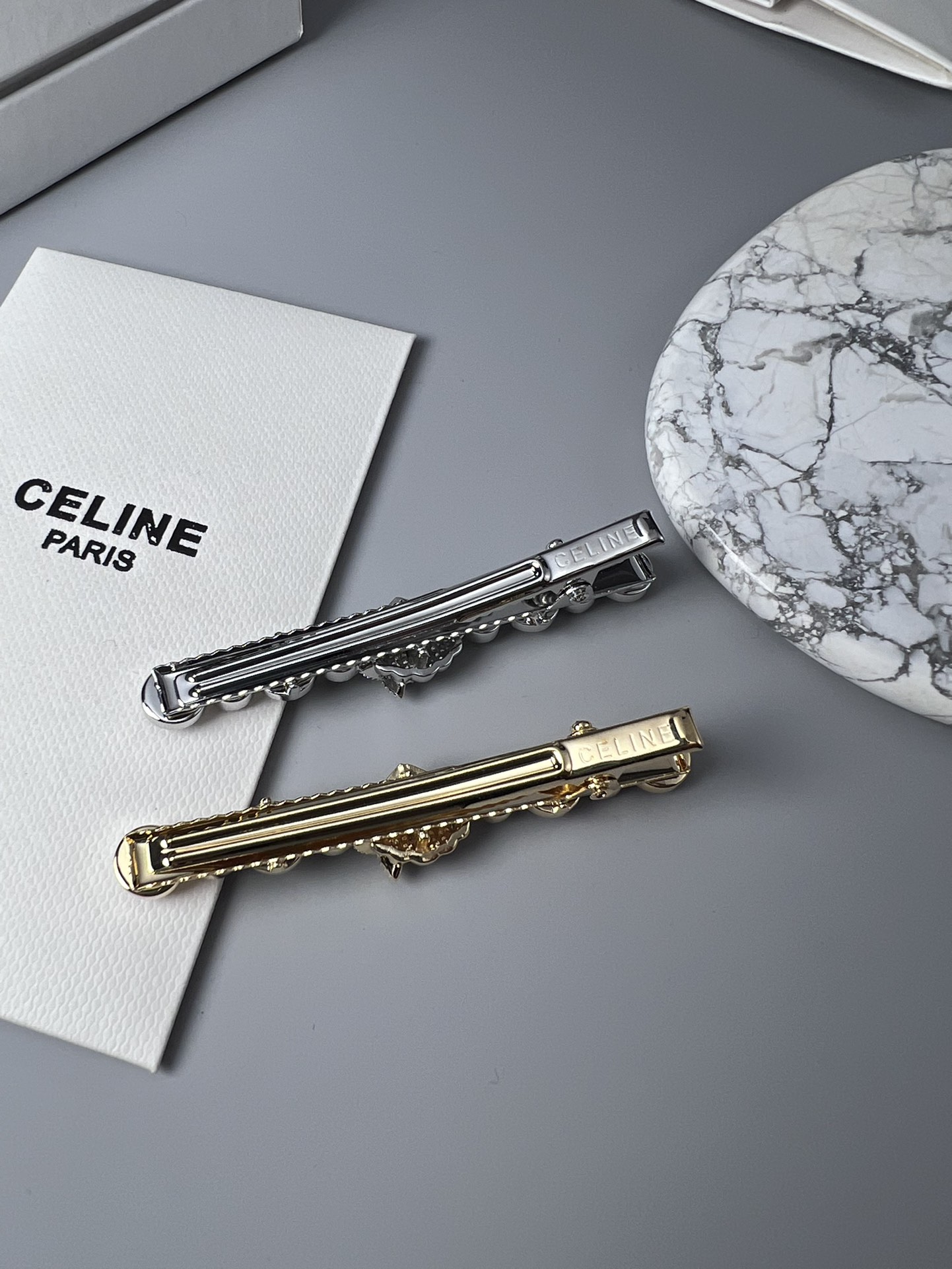 Celine YHFJ055 Seashell Pearl Crystal Hair Barrette brooch Gold-tone metal with cream white pearls and clear faceted crystals 8cm length