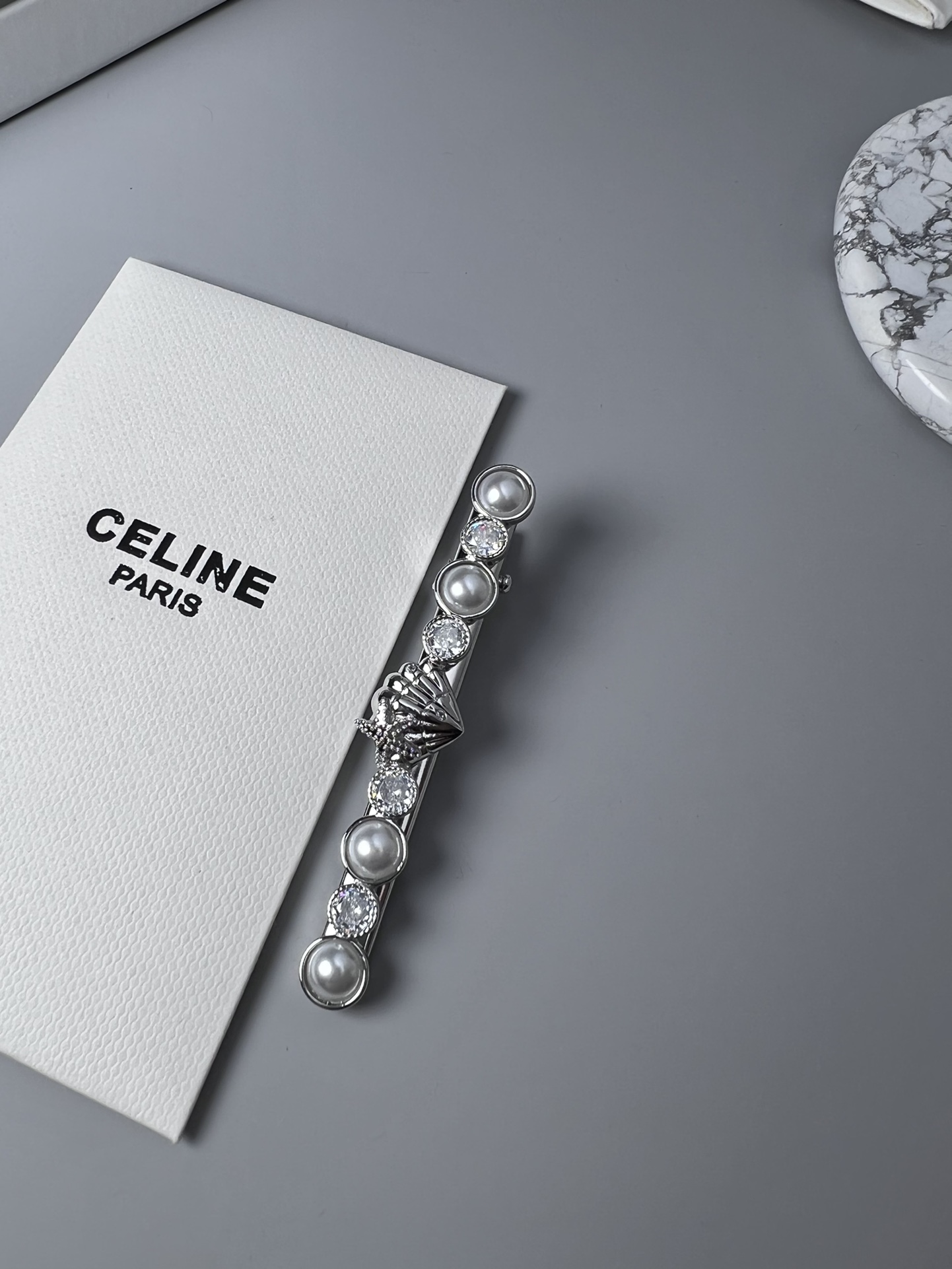 Celine YHFJ055 Seashell Pearl Crystal Hair Barrette brooch Gold-tone metal with cream white pearls and clear faceted crystals 8cm length