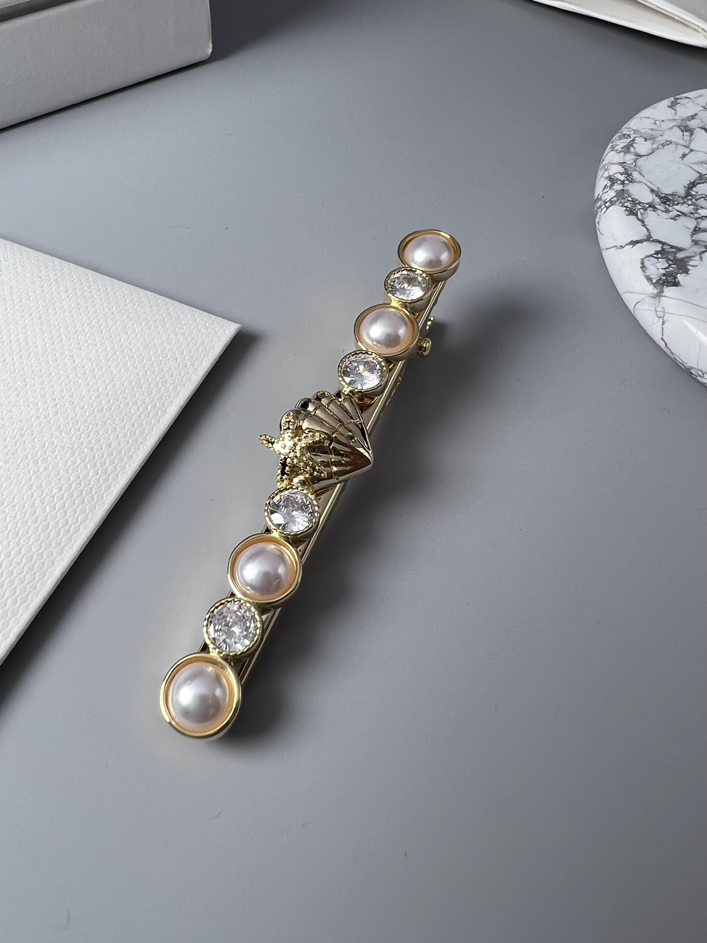Celine YHFJ055 Seashell Pearl Crystal Hair Barrette brooch Gold-tone metal with cream white pearls and clear faceted crystals 8cm length