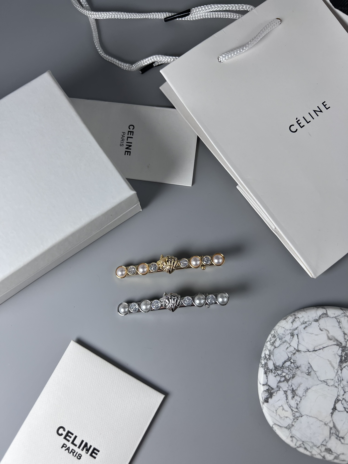 Celine YHFJ055 Seashell Pearl Crystal Hair Barrette brooch Gold-tone metal with cream white pearls and clear faceted crystals 8cm length