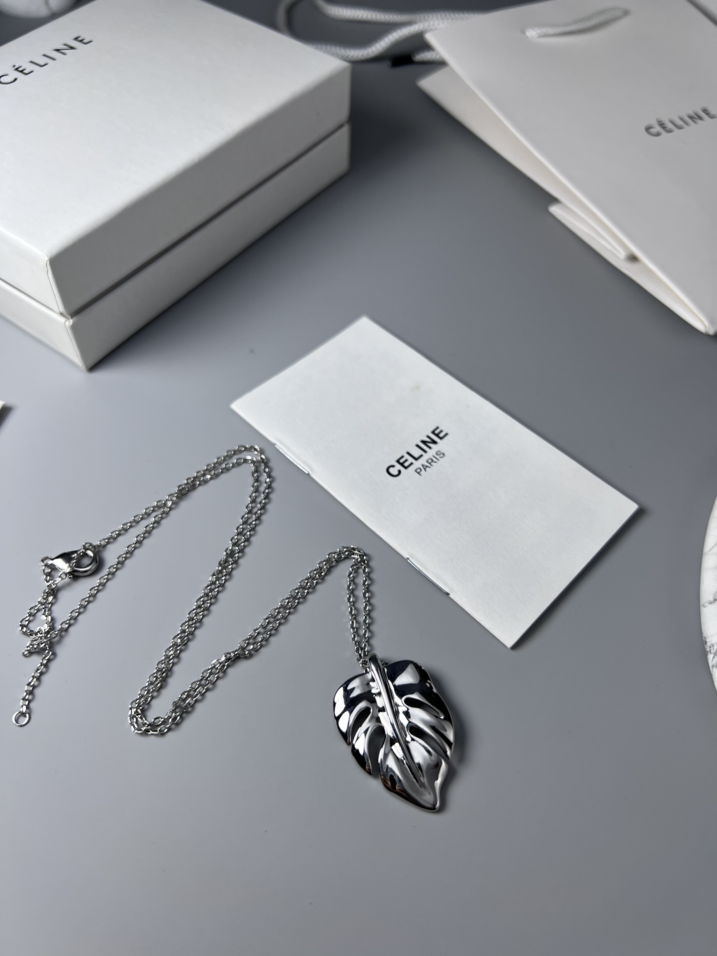Celine Monstera Leaf Pendant necklace gold-tone metal no additional stones 45cm with 5cm extender