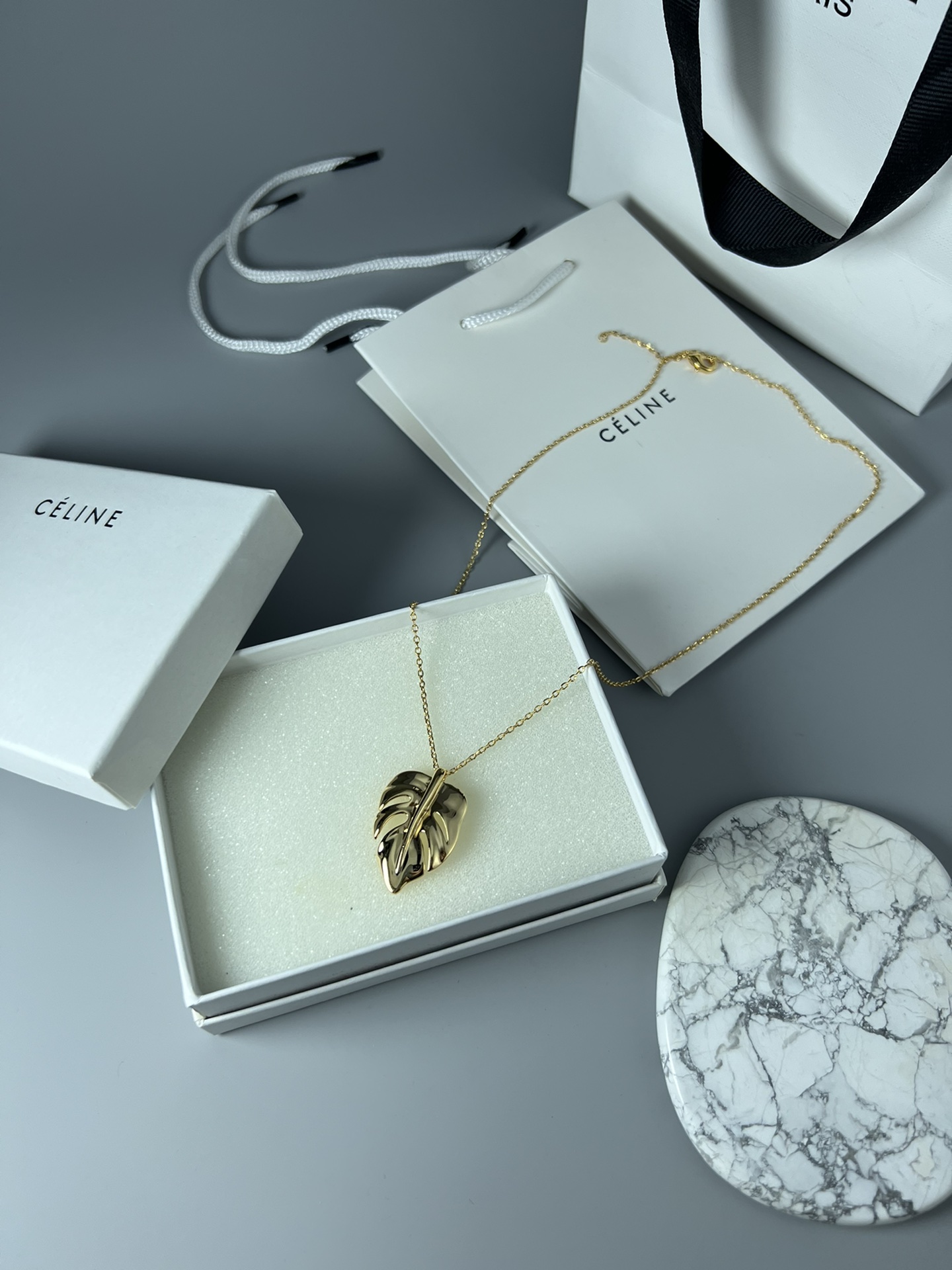 Celine Monstera Leaf Pendant necklace gold-tone metal no additional stones 45cm with 5cm extender
