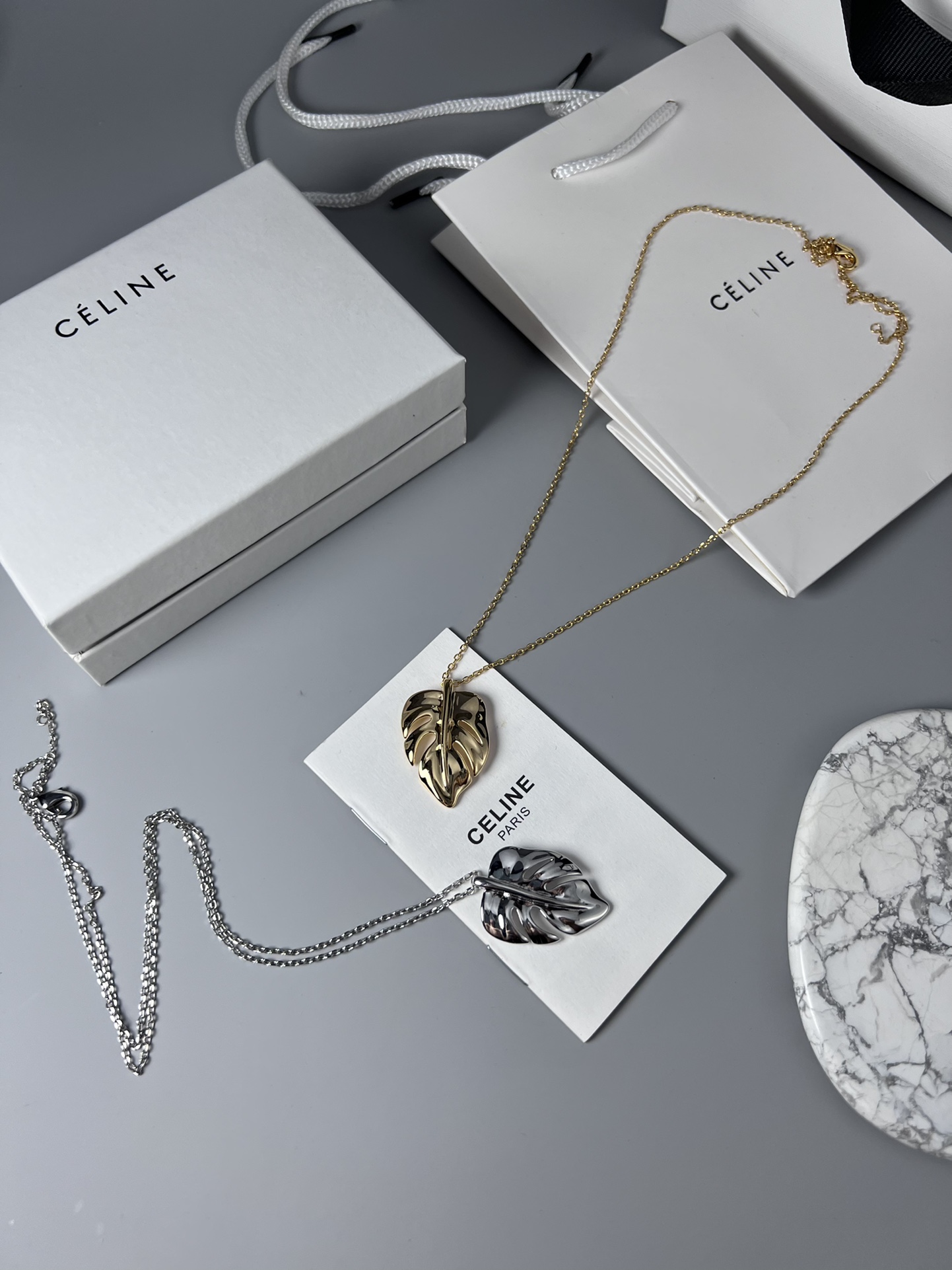 Celine Monstera Leaf Pendant necklace gold-tone metal no additional stones 45cm with 5cm extender