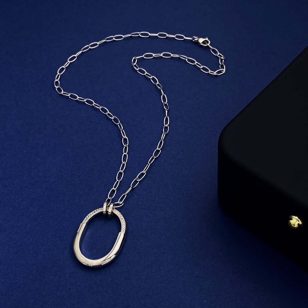 Tiffany Co Lock Pendant necklace sterling silver 18k yellow gold 18k rose gold clear diamond accents 18 inch