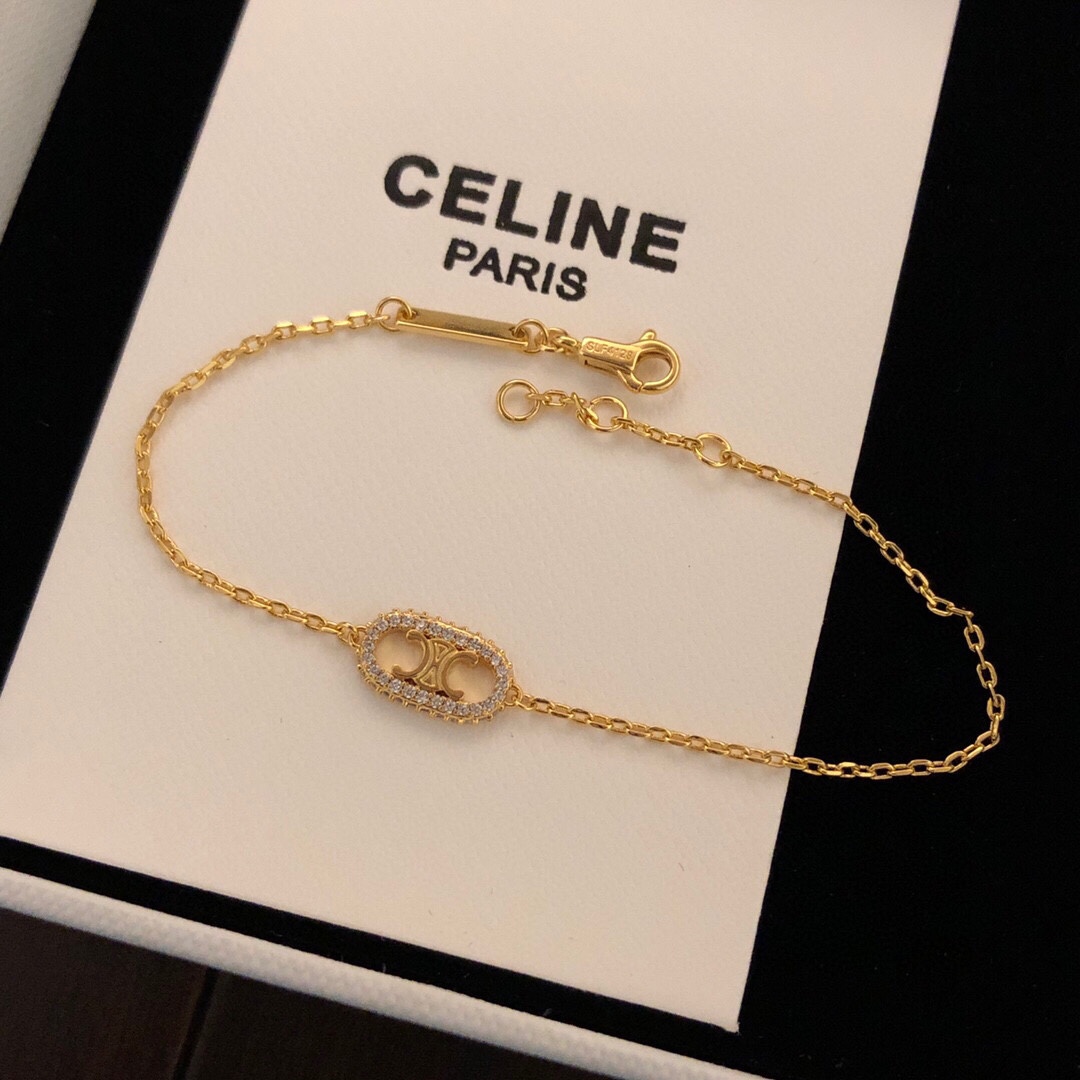 Celine Triomphe Rhinestone Oval necklace gold-tone metal with clear crystal accents 45cm with 5cm extender