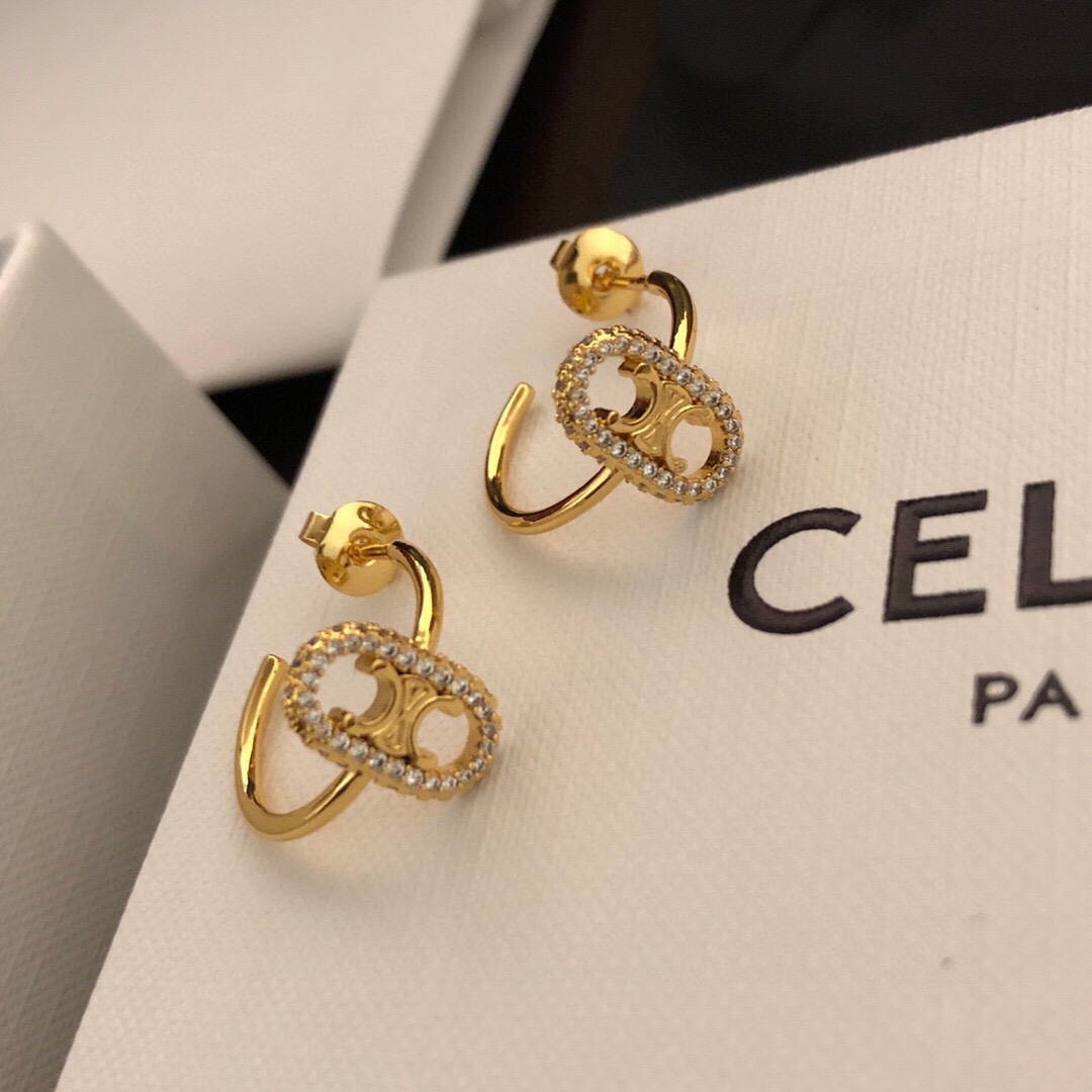 Celine Triomphe Rhinestone Oval necklace gold-tone metal with clear crystal accents 45cm with 5cm extender