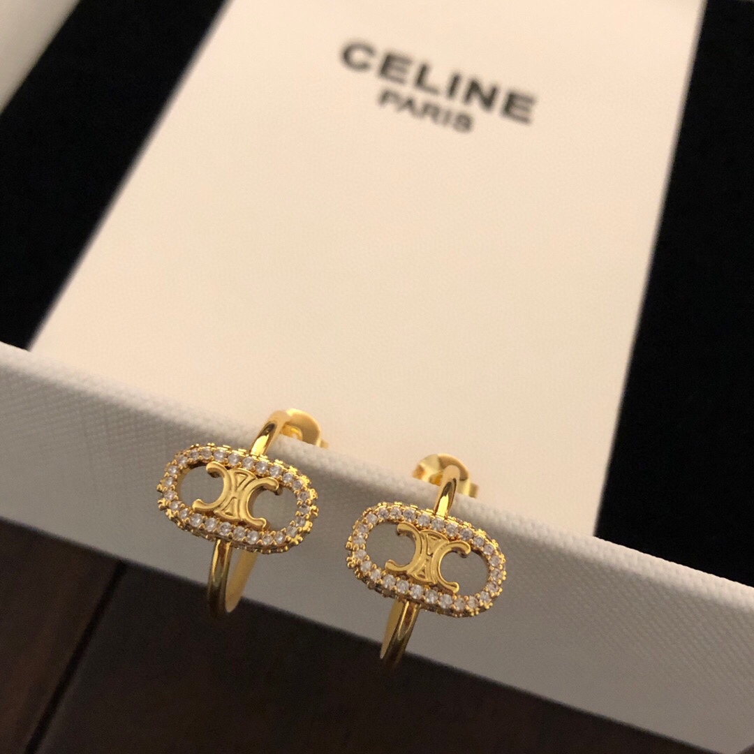 Celine Triomphe Rhinestone Oval necklace gold-tone metal with clear crystal accents 45cm with 5cm extender