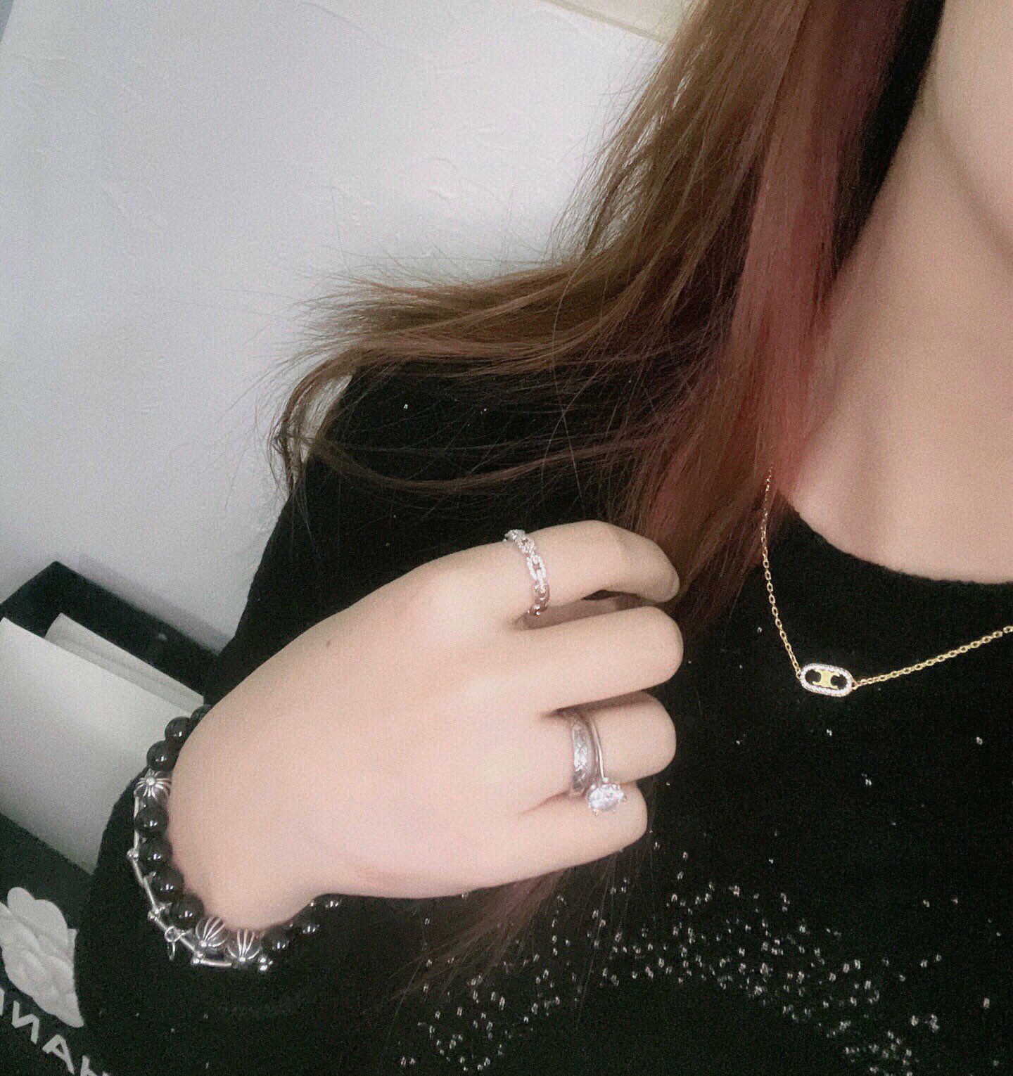 Celine Triomphe Rhinestone Oval necklace gold-tone metal with clear crystal accents 45cm with 5cm extender