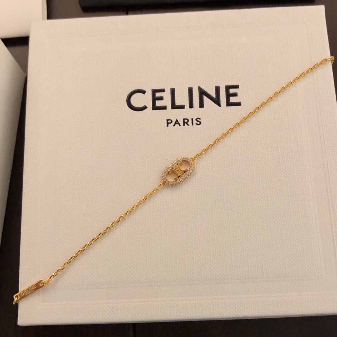 Celine Triomphe Rhinestone Oval necklace gold-tone metal with clear crystal accents 45cm with 5cm extender