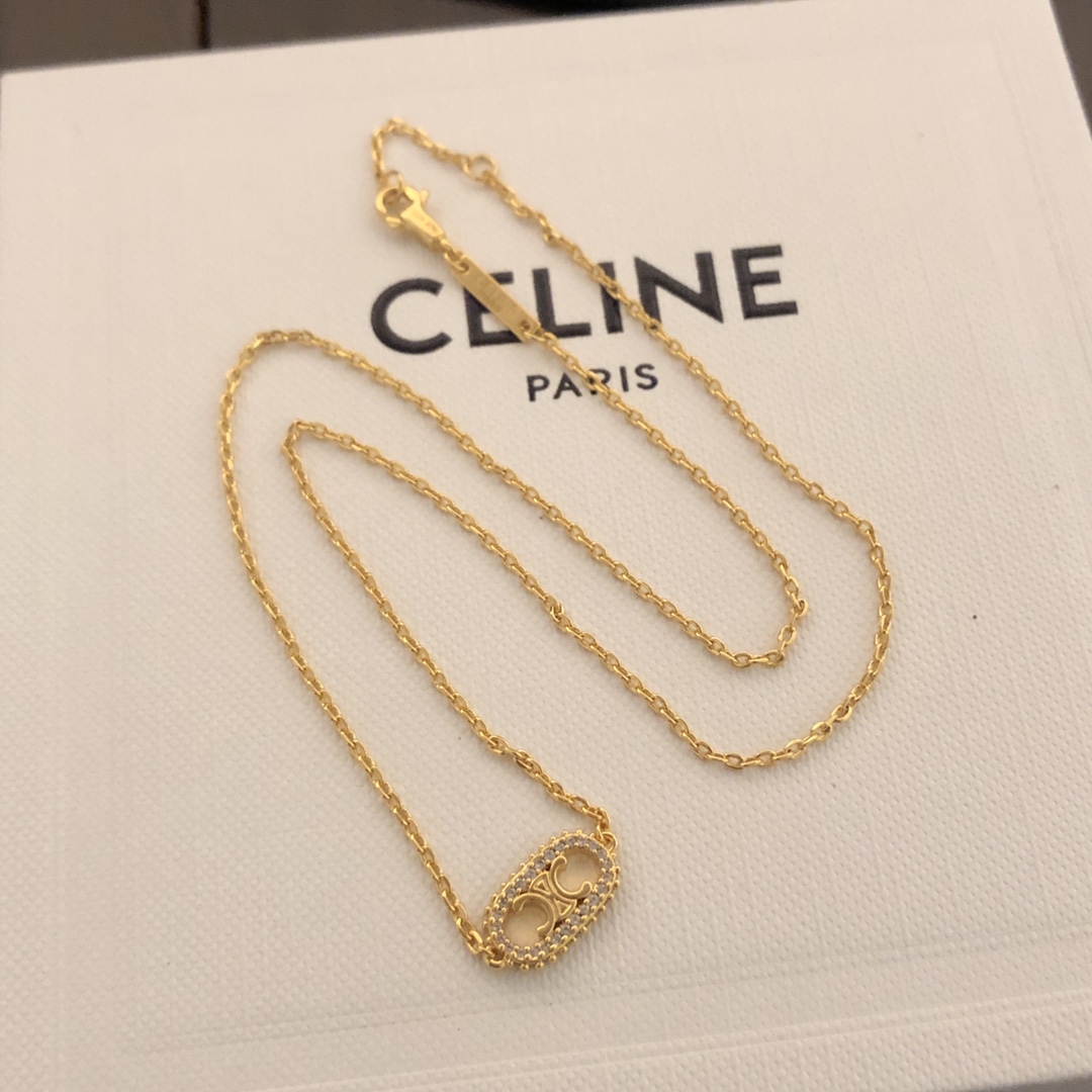 Celine Triomphe Rhinestone Oval necklace gold-tone metal with clear crystal accents 45cm with 5cm extender