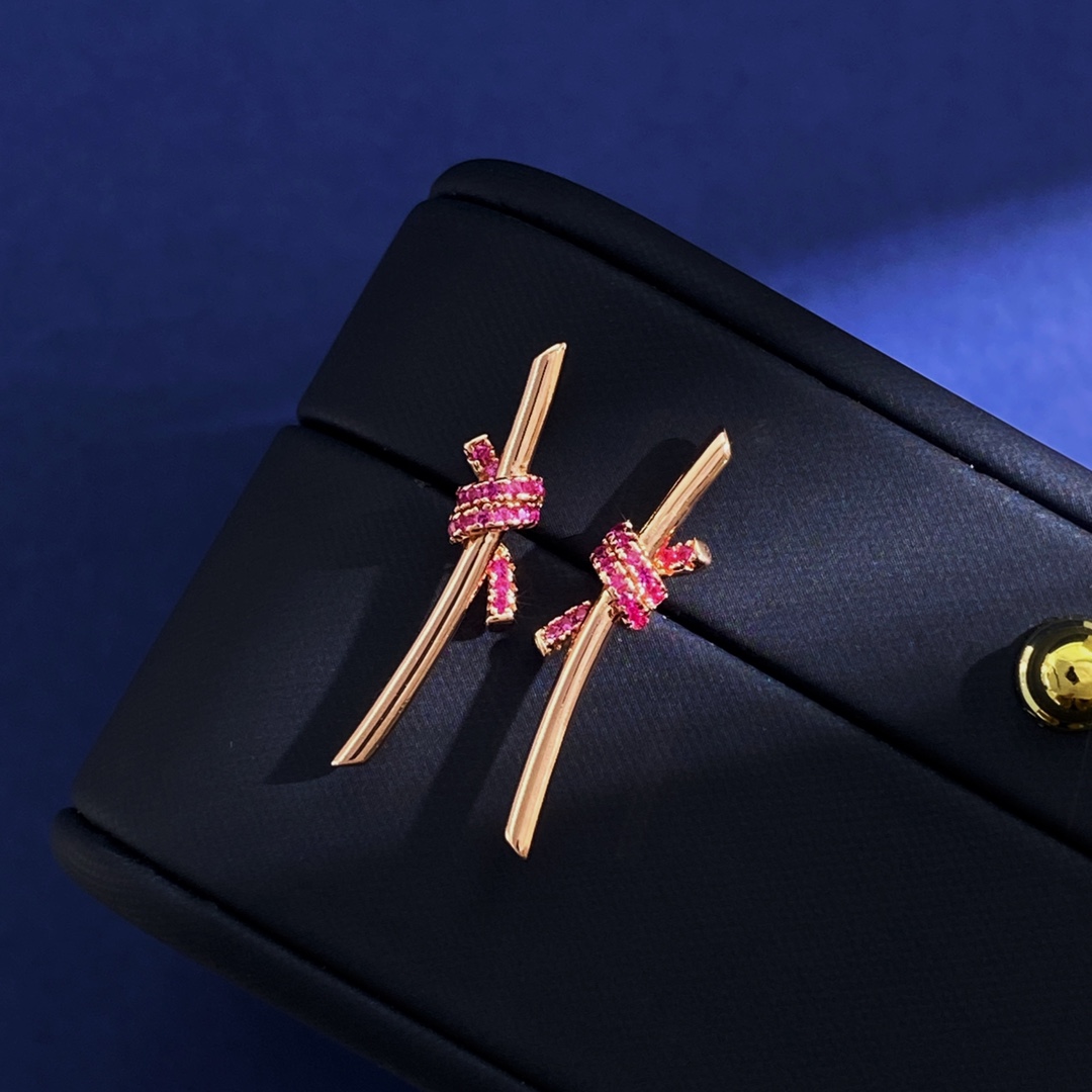 Tiffany Knot earrings rose gold with pink ruby gemstones 3 2cm length