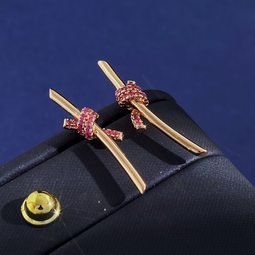Tiffany Knot earrings rose gold with pink ruby gemstones 3 2cm length
