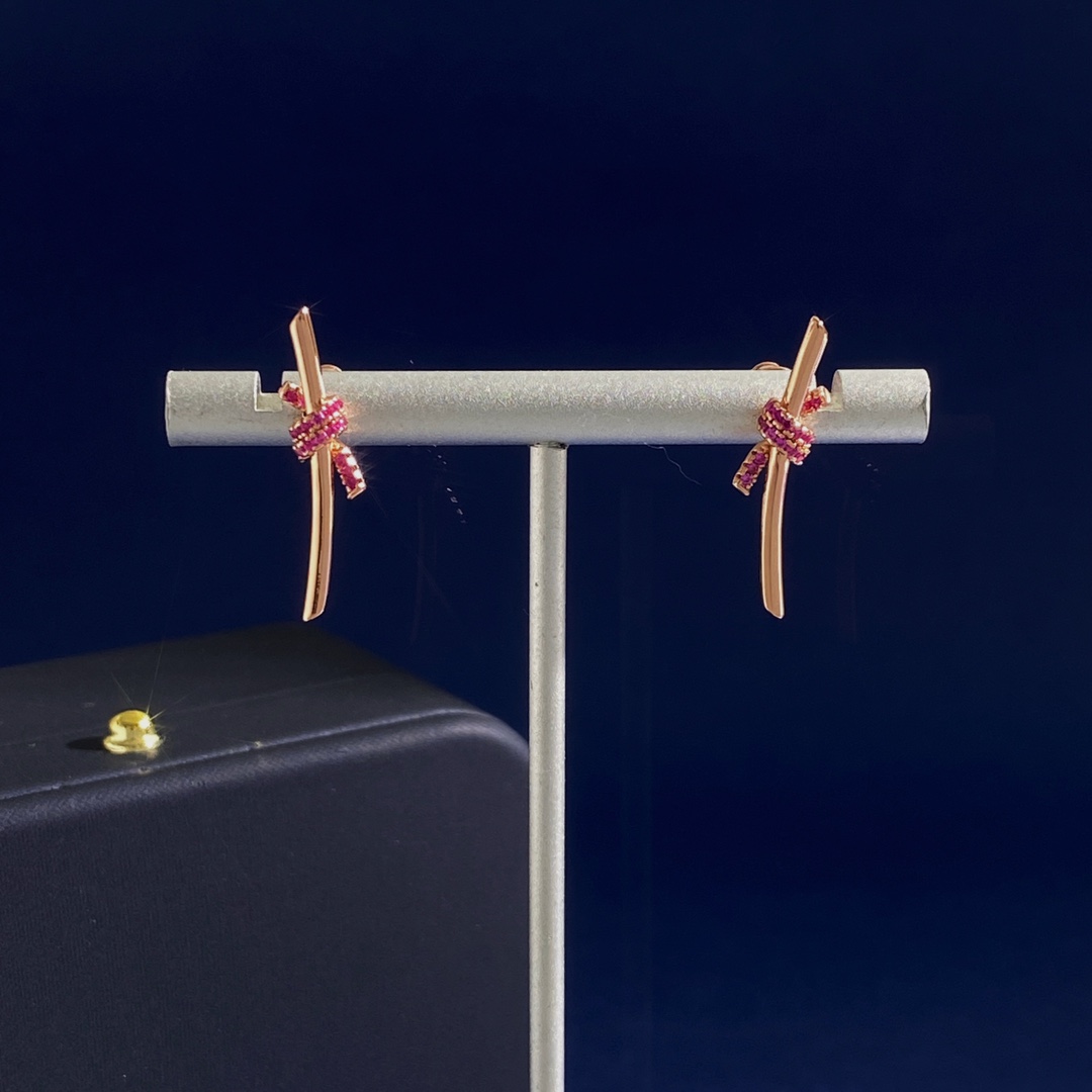 Tiffany Knot earrings rose gold with pink ruby gemstones 3 2cm length
