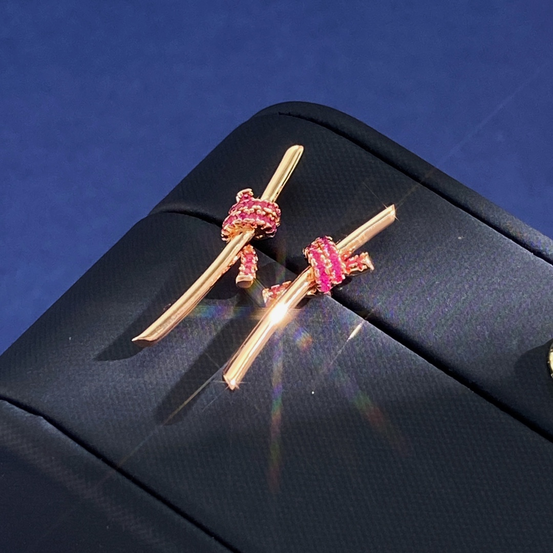 Tiffany Knot earrings rose gold with pink ruby gemstones 3 2cm length