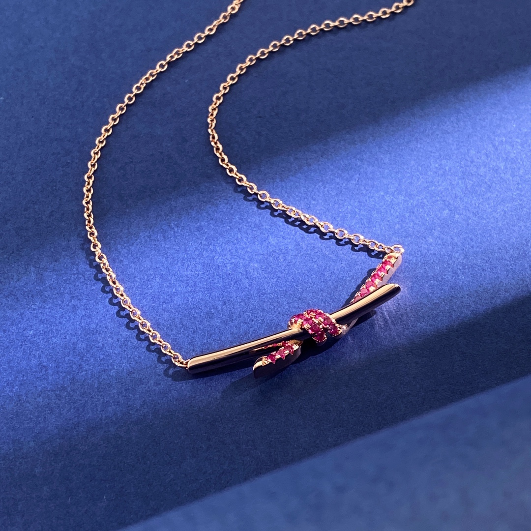 Tiffany Knot necklace Rose gold with pink ruby gemstones 45cm