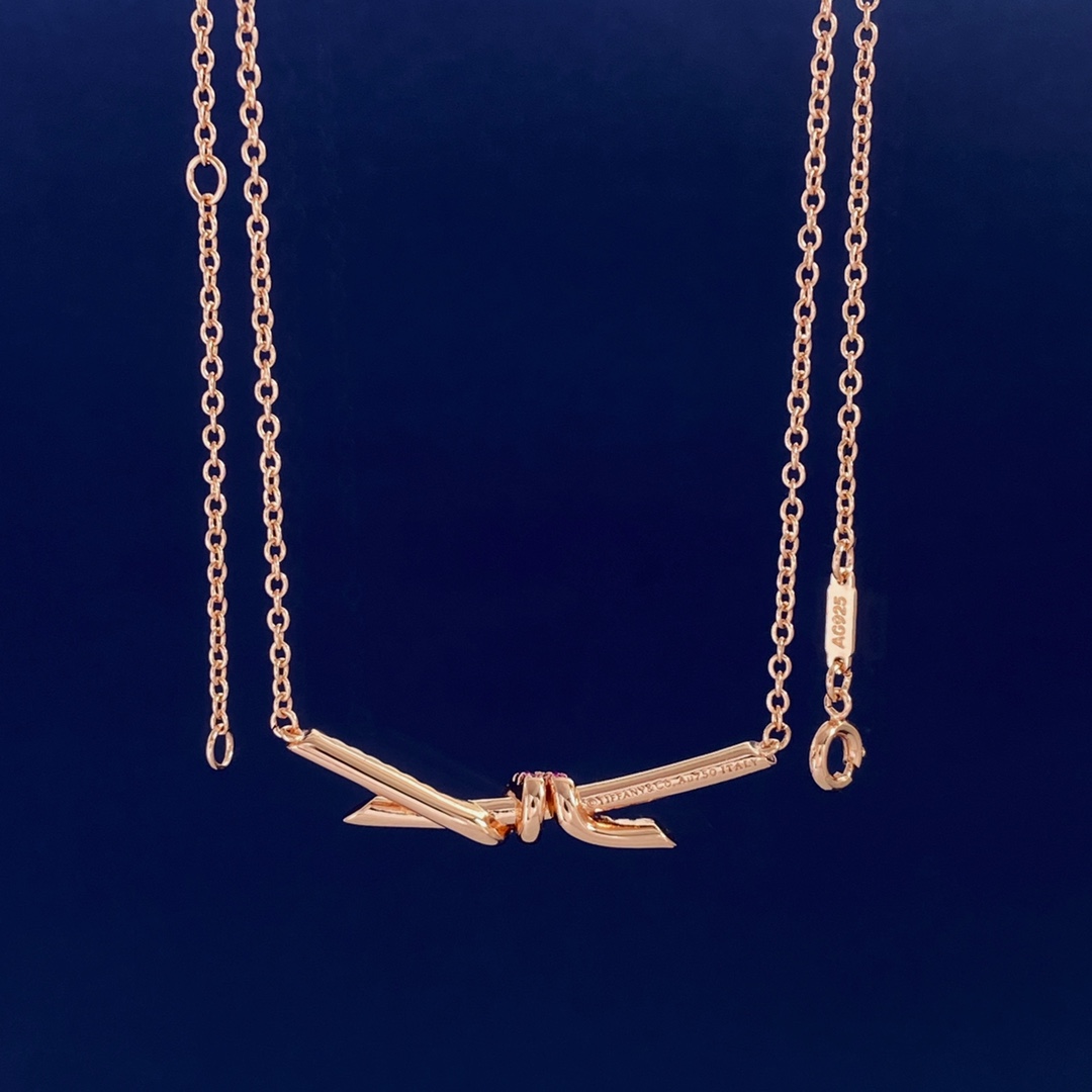 Tiffany Knot necklace Rose gold with pink ruby gemstones 45cm