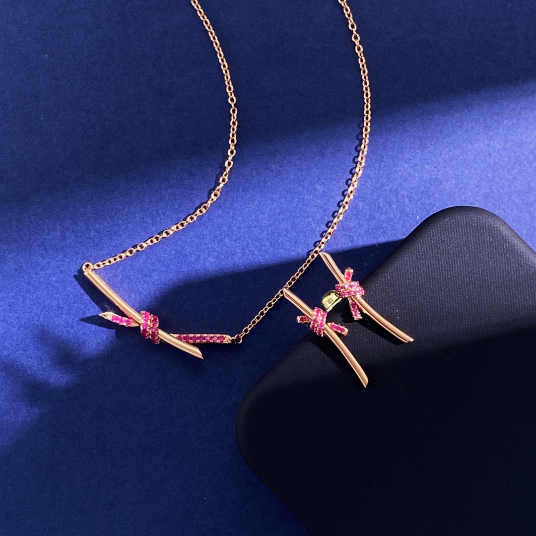Tiffany Knot necklace Rose gold with pink ruby gemstones 45cm