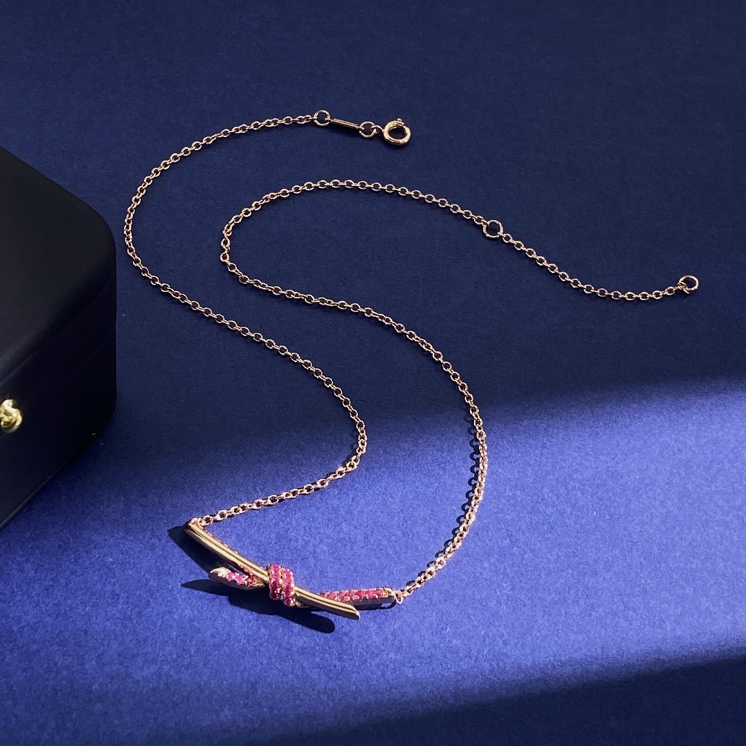 Tiffany Knot necklace Rose gold with pink ruby gemstones 45cm