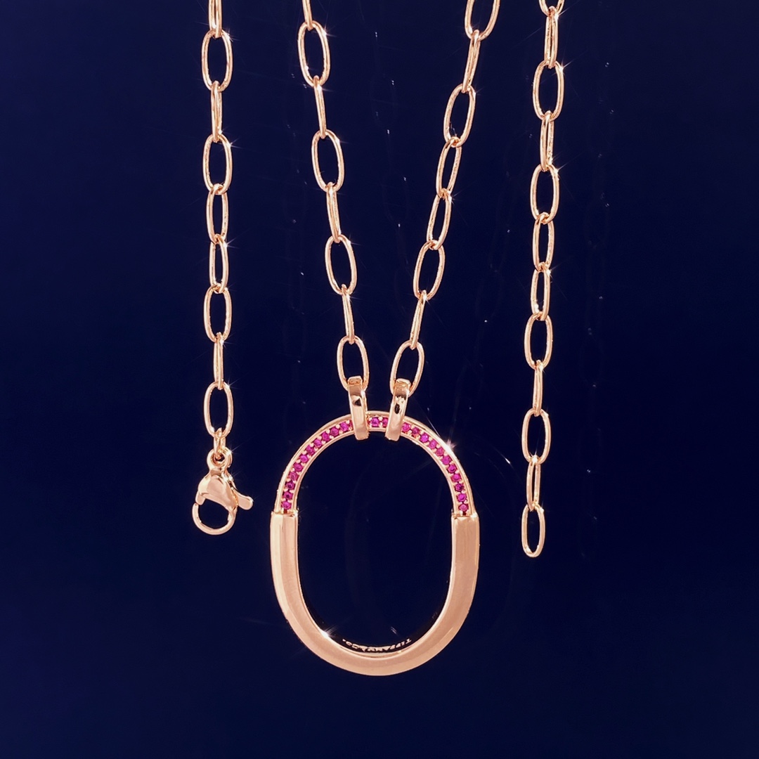 Tiffany Lock Pendant necklace 18k rose gold with pink ruby gemstones 18 inches