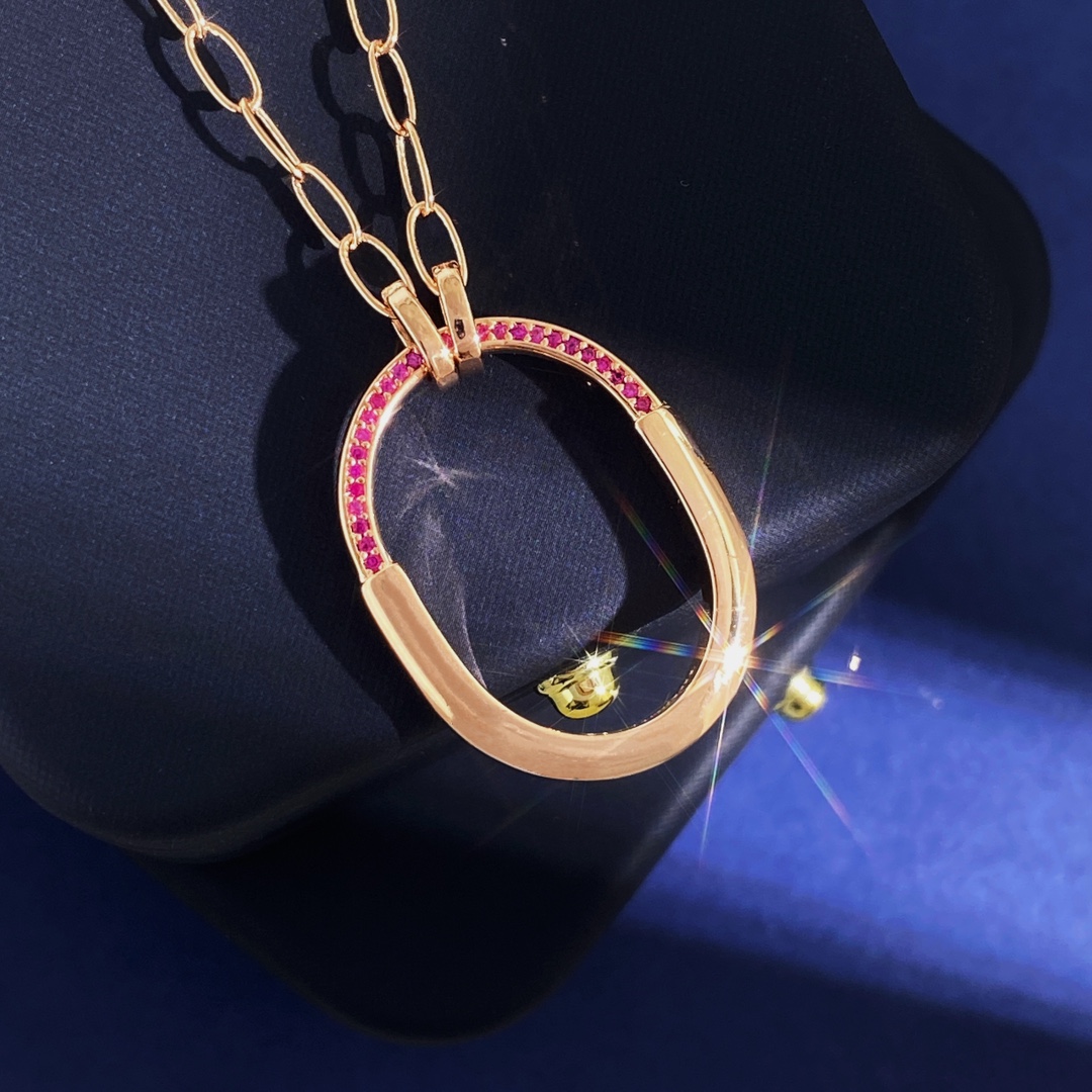 Tiffany Lock Pendant necklace 18k rose gold with pink ruby gemstones 18 inches