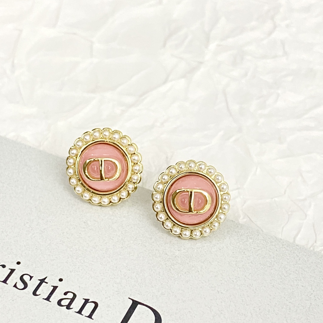 Dior Petit CD Baroque earrings gold-tone metal pink enamel white faux pearl 1 2cm diameter