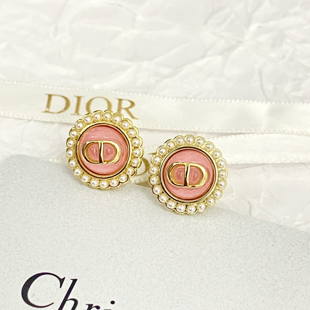 Dior Petit CD Baroque earrings gold-tone metal pink enamel white faux pearl 1 2cm diameter