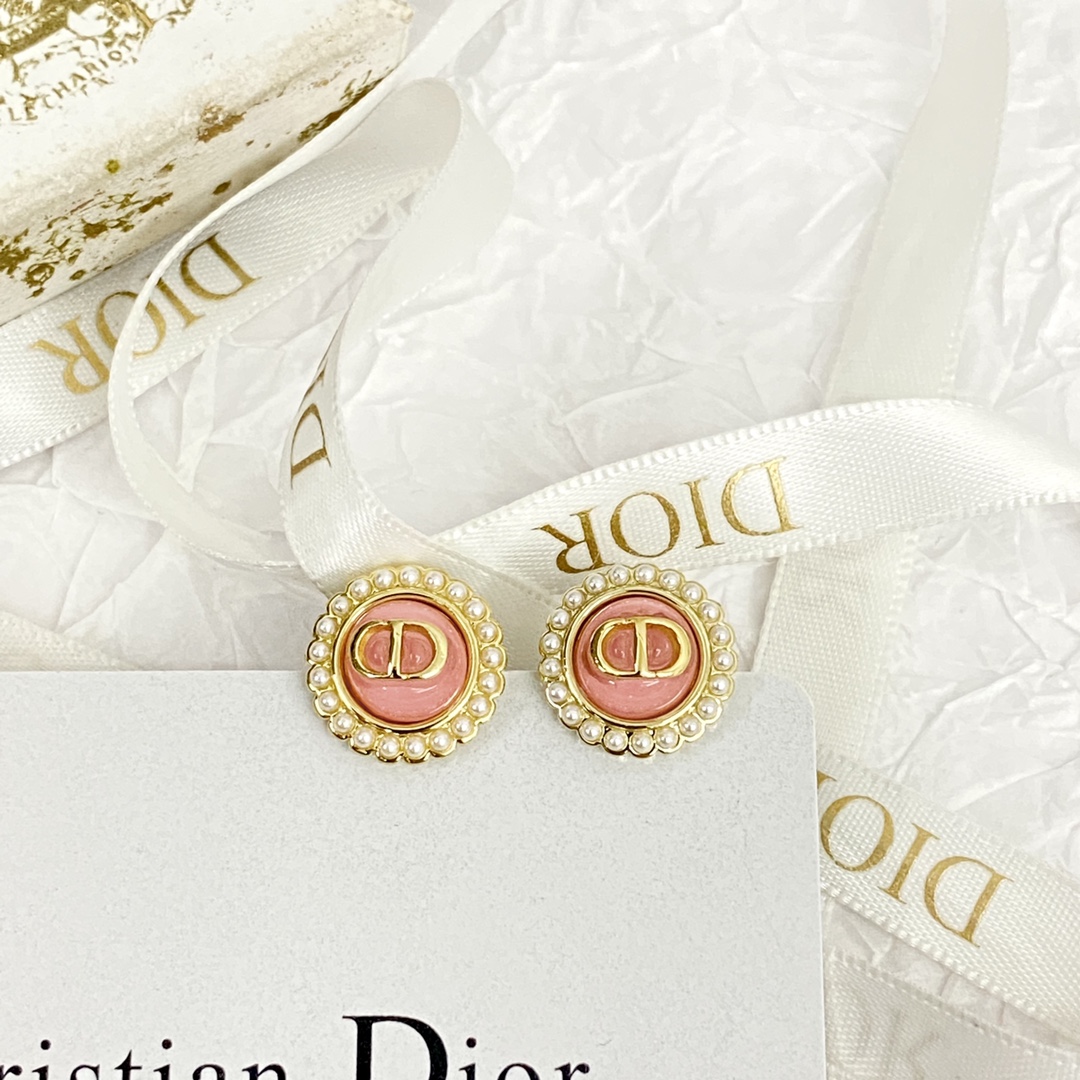 Dior Petit CD Baroque earrings gold-tone metal pink enamel white faux pearl 1 2cm diameter