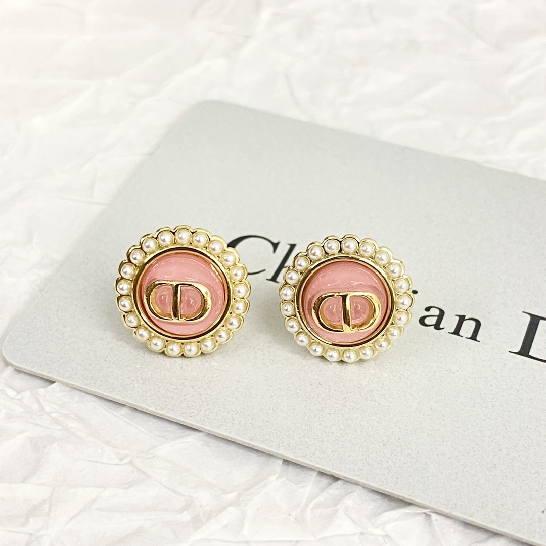 Dior Petit CD Baroque earrings gold-tone metal pink enamel white faux pearl 1 2cm diameter