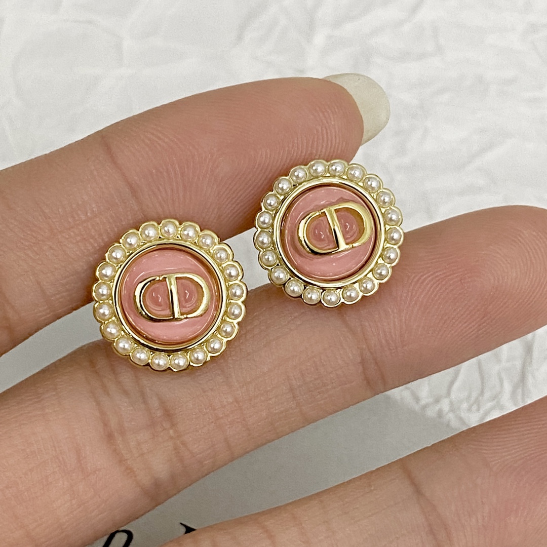 Dior Petit CD Baroque earrings gold-tone metal pink enamel white faux pearl 1 2cm diameter