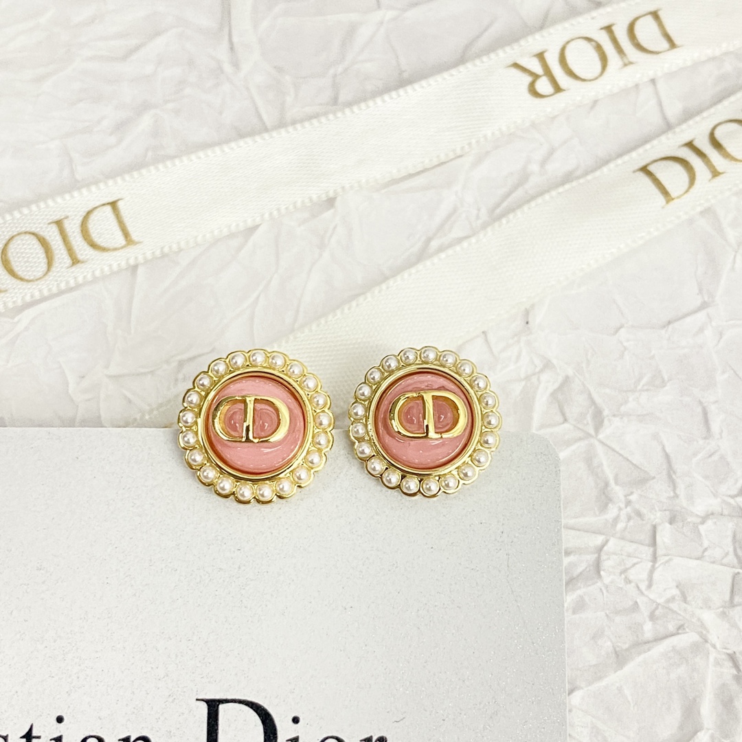 Dior Petit CD Baroque earrings gold-tone metal pink enamel white faux pearl 1 2cm diameter
