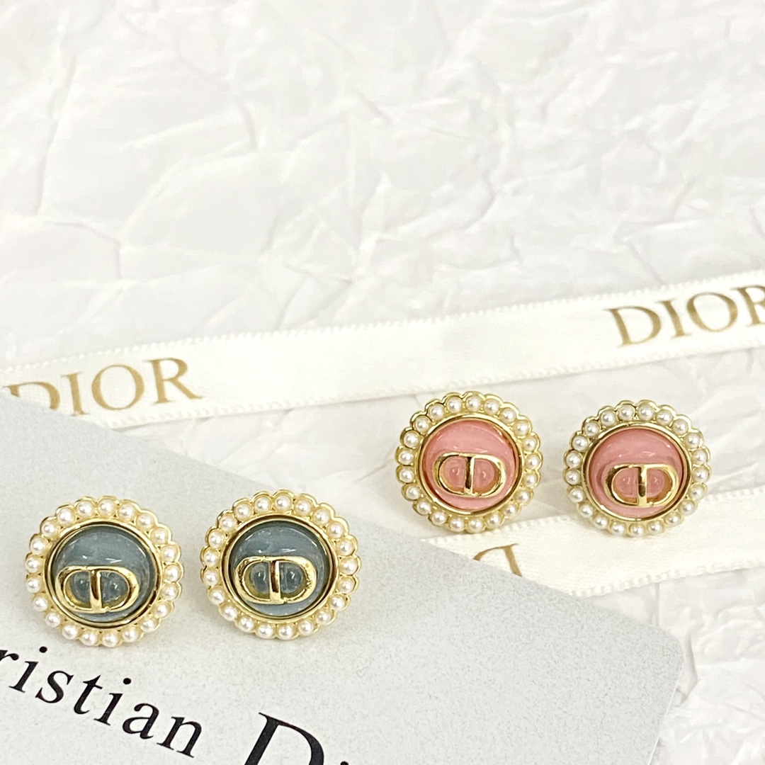 Dior Petit CD Baroque earrings gold-tone metal pink enamel white faux pearl 1 2cm diameter