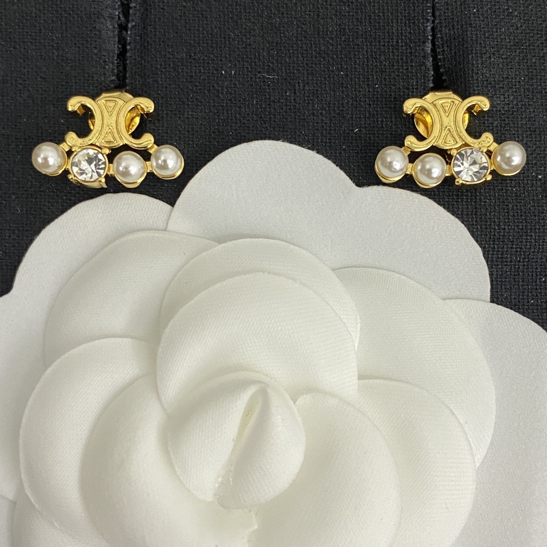Celine Triomphe Pearl Crystal Stud Earrings earrings gold-tone metal white faux pearl clear crystal 1 2cm width per earring