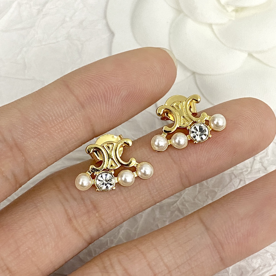 Celine Triomphe Pearl Crystal Stud Earrings earrings gold-tone metal white faux pearl clear crystal 1 2cm width per earring