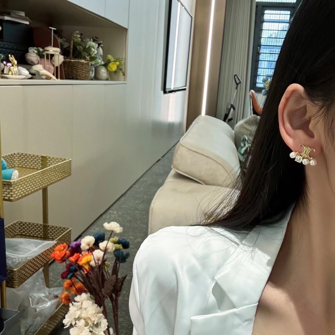 Celine Triomphe Pearl Crystal Stud Earrings earrings gold-tone metal white faux pearl clear crystal 1 2cm width per earring