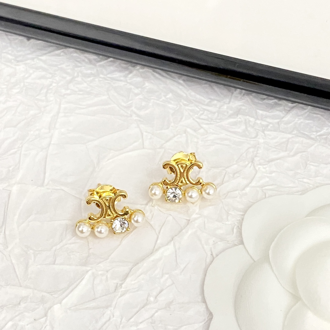 Celine Triomphe Pearl Crystal Stud Earrings earrings gold-tone metal white faux pearl clear crystal 1 2cm width per earring