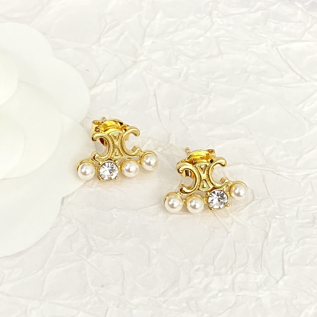 Celine Triomphe Pearl Crystal Stud Earrings earrings gold-tone metal white faux pearl clear crystal 1 2cm width per earring