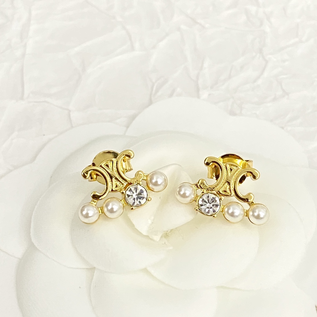 Celine Triomphe Pearl Crystal Stud Earrings earrings gold-tone metal white faux pearl clear crystal 1 2cm width per earring