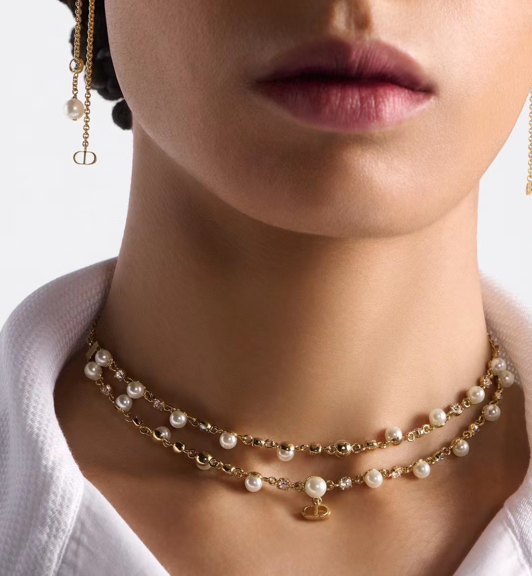 Dior Petit CD Pearl Crystal Layered Choker necklace gold-tone metal white faux pearl clear crystal 40cm with 5cm extender chain