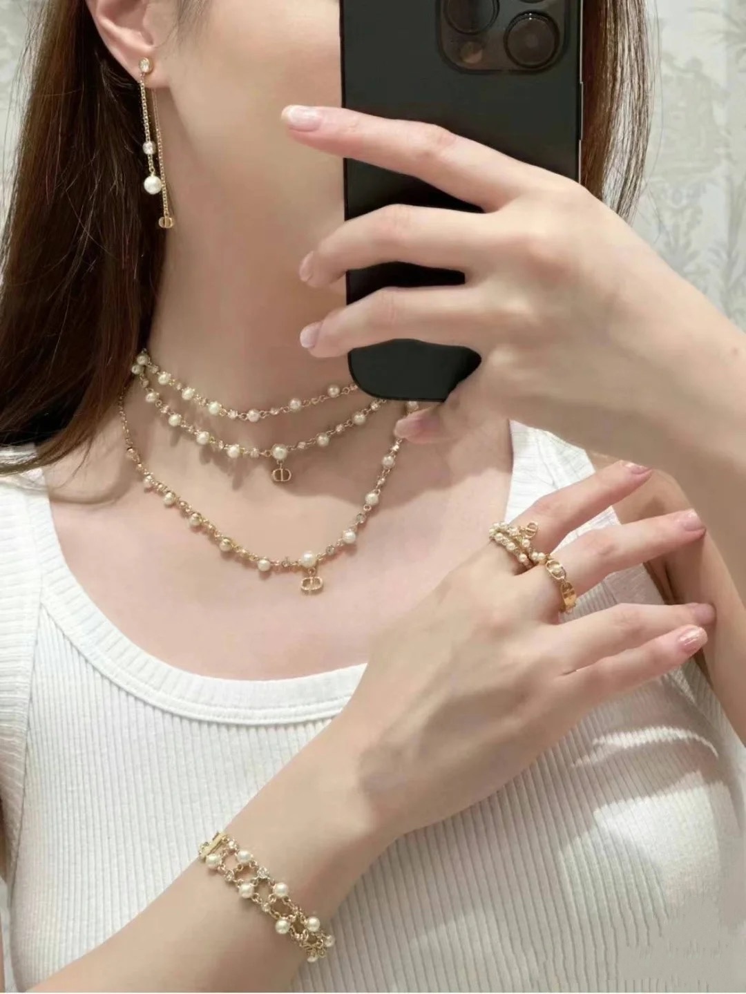 Dior Petit CD Pearl Crystal Layered Choker necklace gold-tone metal white faux pearl clear crystal 40cm with 5cm extender chain