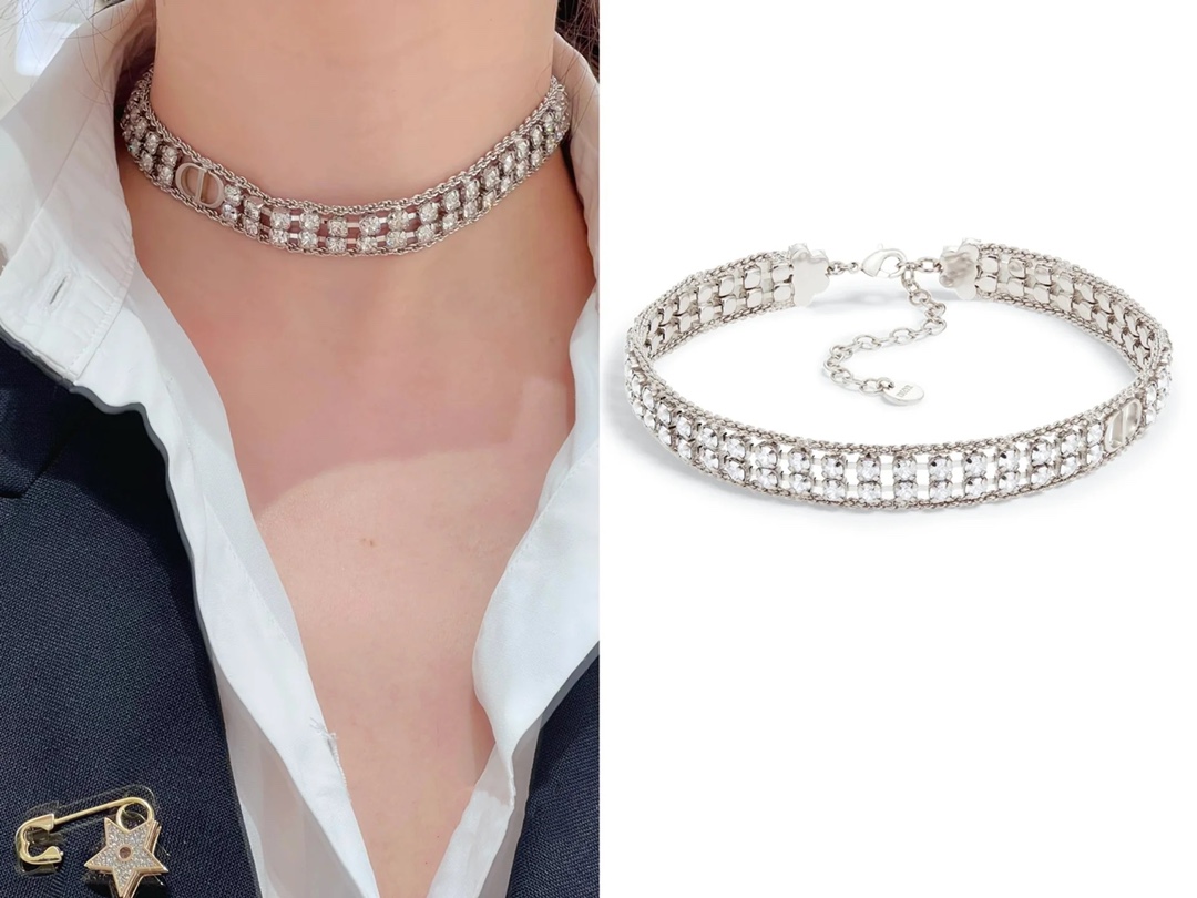 Dior Code N884 necklace silver-toned metal with clear crystal rhinestones 35cm with 5cm extension chain