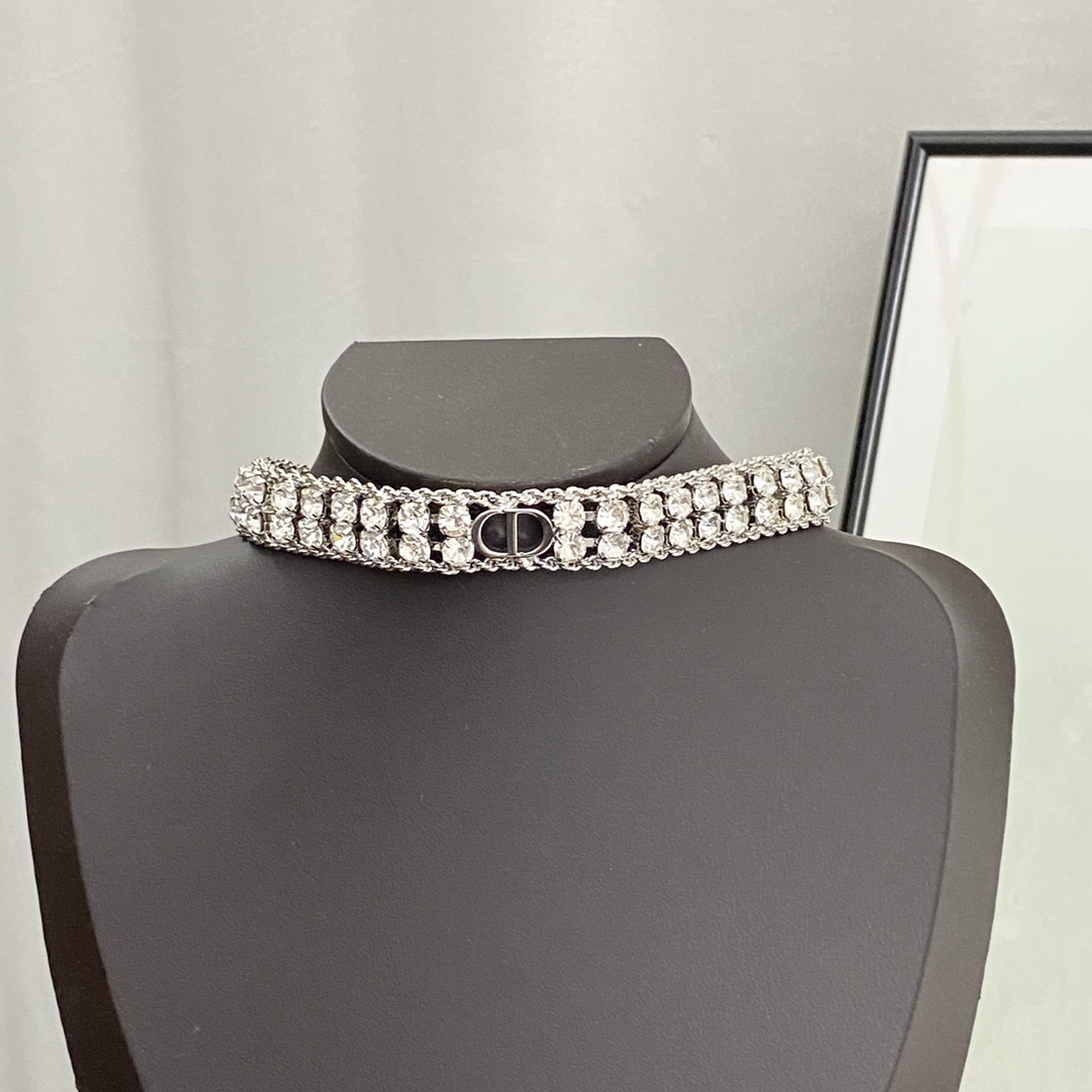Dior Code N884 necklace silver-toned metal with clear crystal rhinestones 35cm with 5cm extension chain