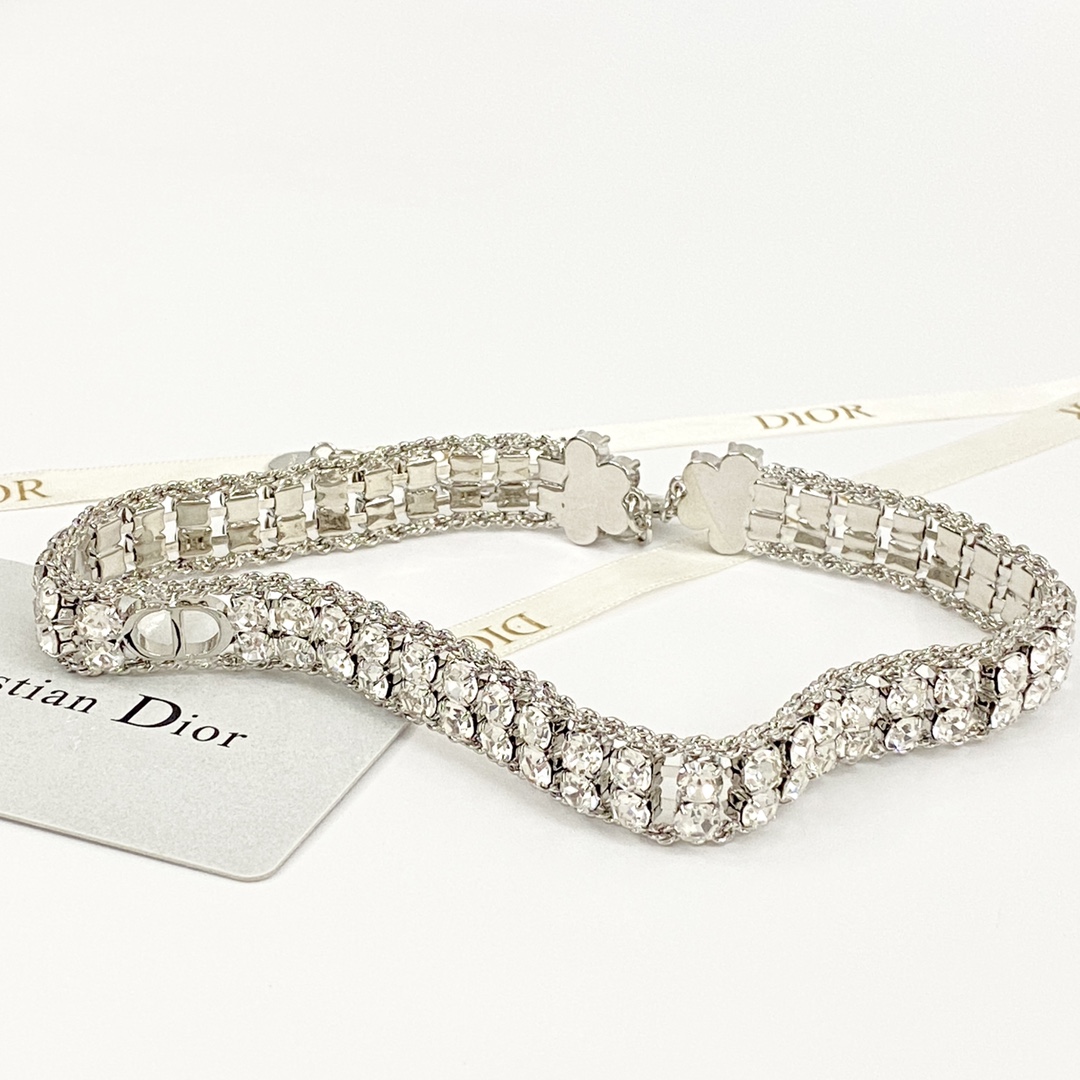 Dior Code N884 necklace silver-toned metal with clear crystal rhinestones 35cm with 5cm extension chain
